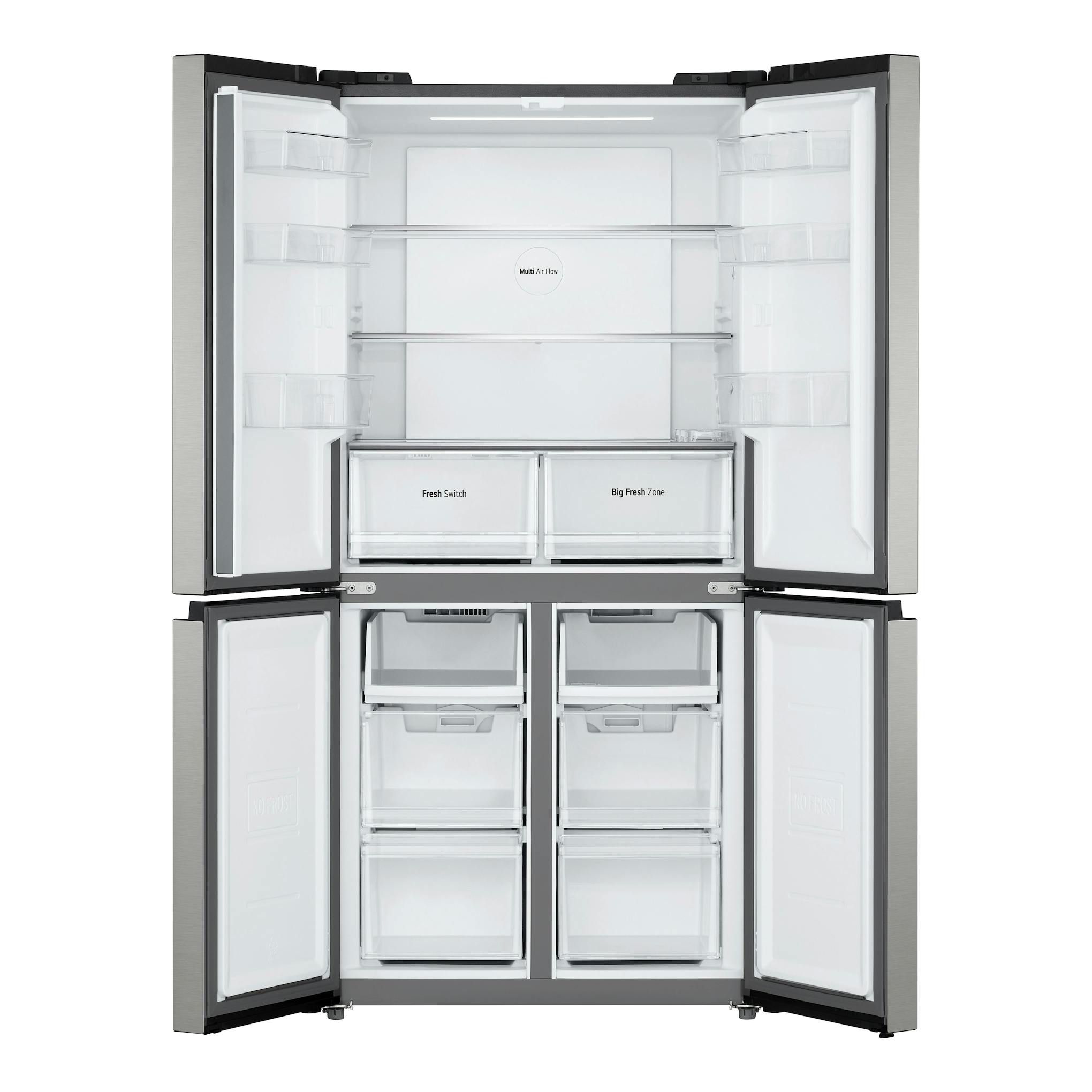 Frigorífico americano LG GMM41MSBEM de acero inoxidable, vista frontal con puertas abiertas.