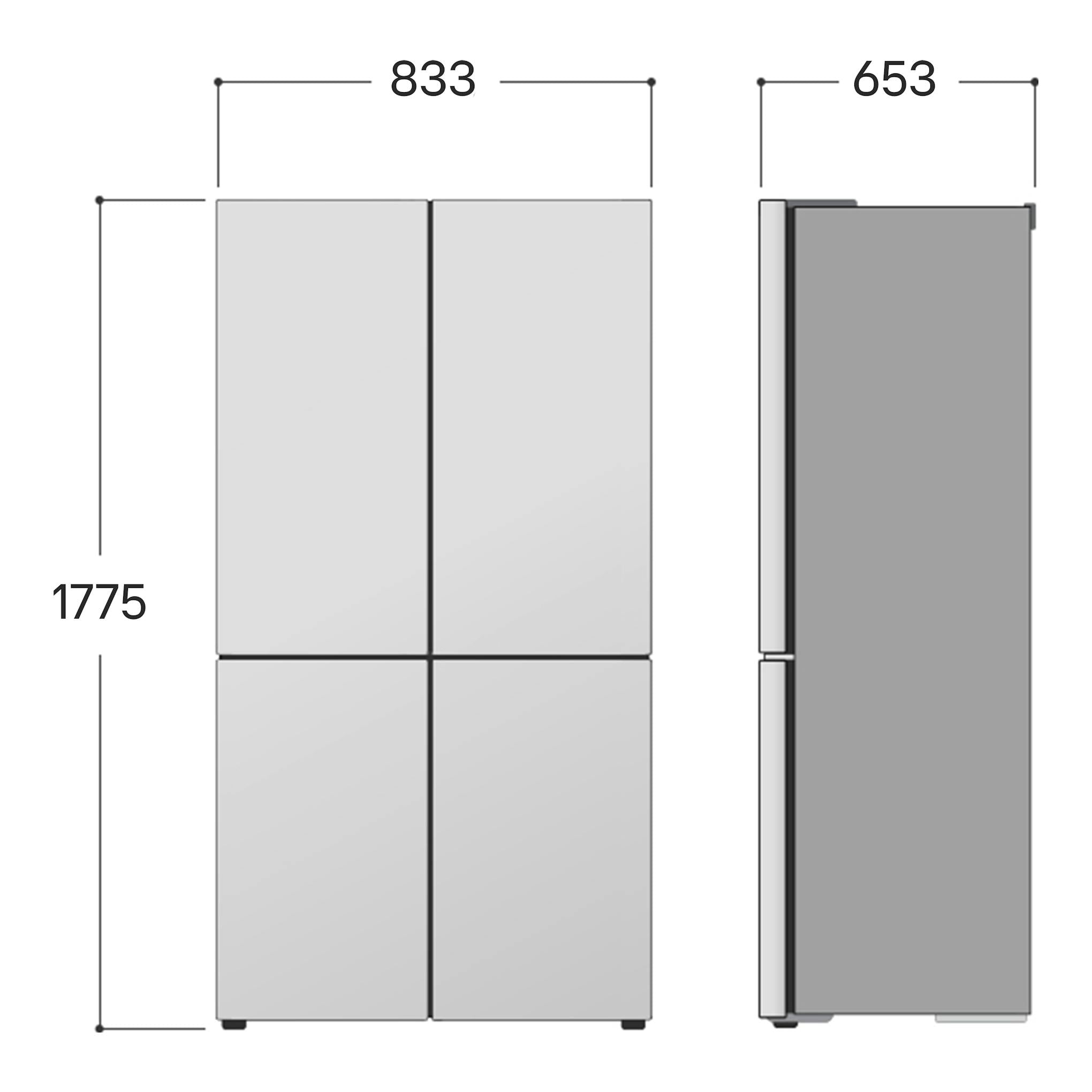 LG GMM41MSBEM, frigorífico americano gris, vista frontal y lateral con medidas 1775×833×653 mm.
