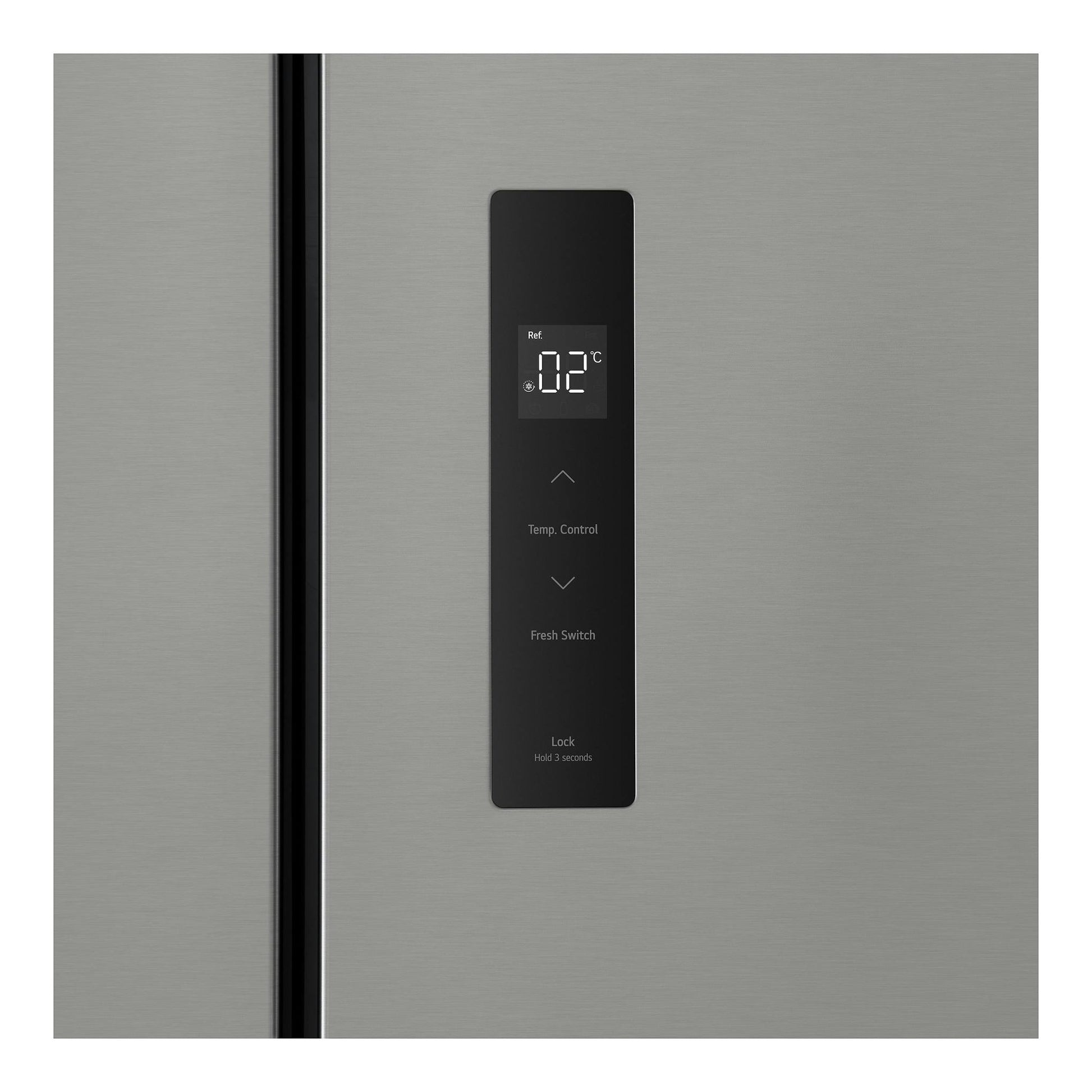 Frigorífico americano LG GMM41MSBEM plateado, vista frontal parcial con panel táctil negro y pantalla digital.