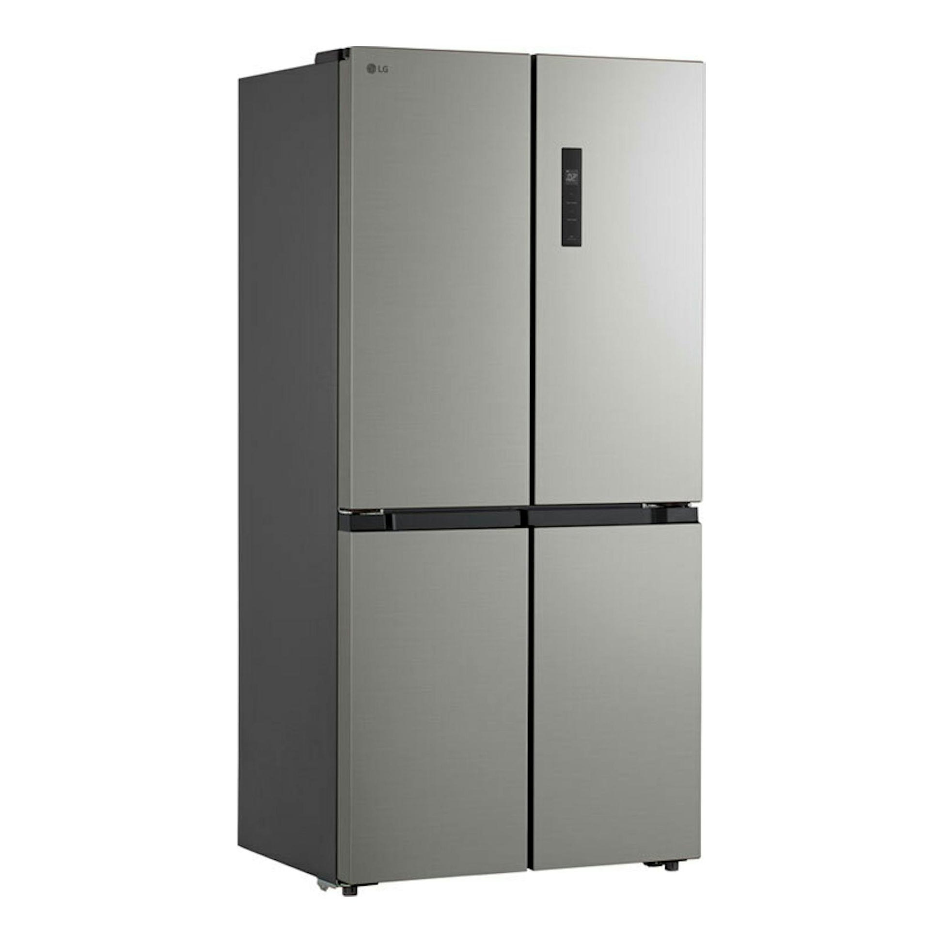 Frigorífico americano LG GMM41MSBEM inox, vista frontal, de cuatro puertas con panel negro.