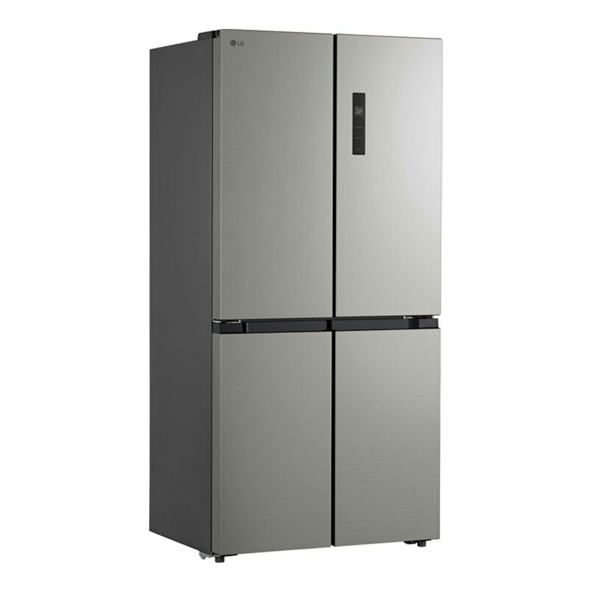 Frigorífico americano LG GMM41MSBEM inox, vista frontal, de cuatro puertas con panel negro.