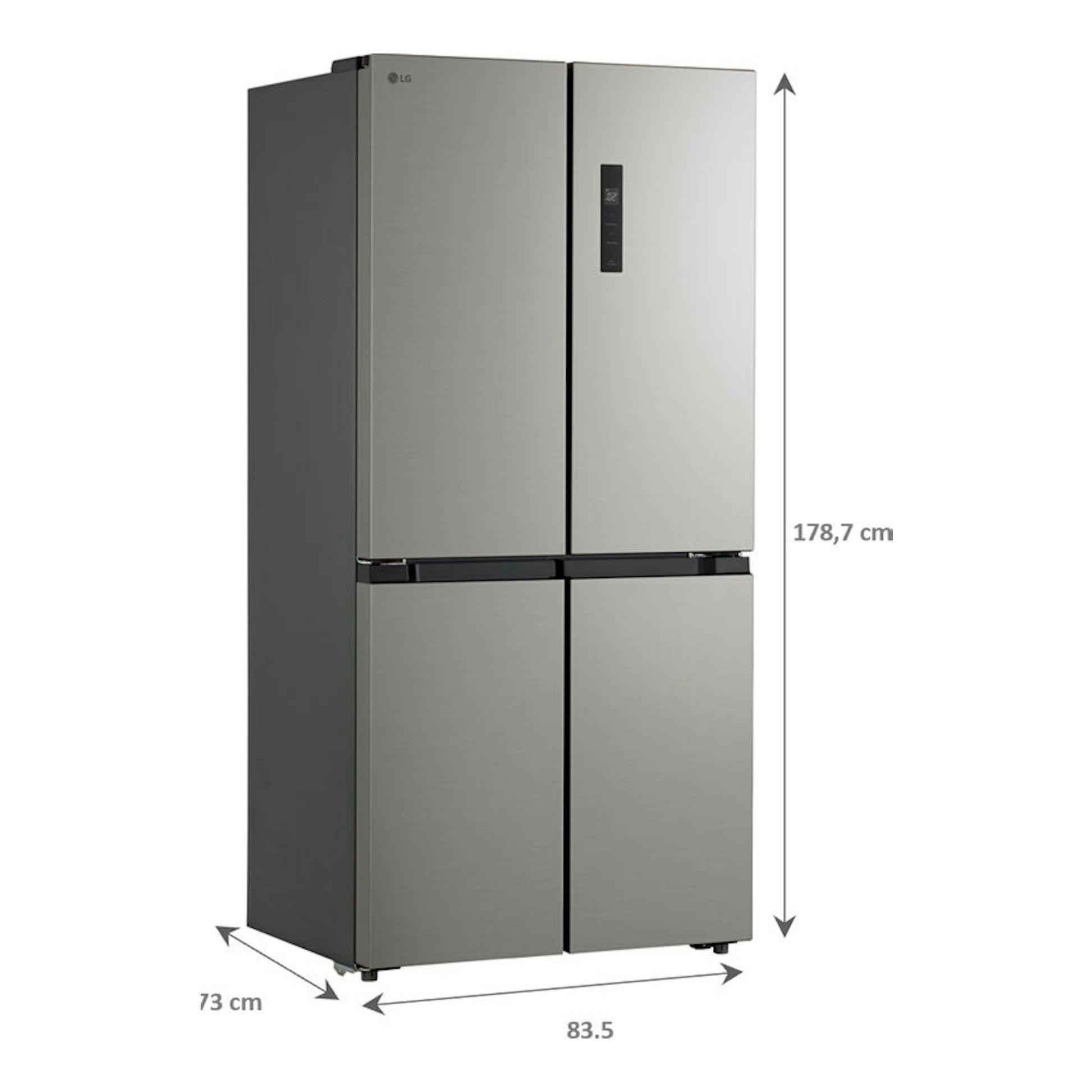 Frigorífico americano LG GMM41MSBEM inox, vista frontal en tres cuartos, cuatro puertas.
