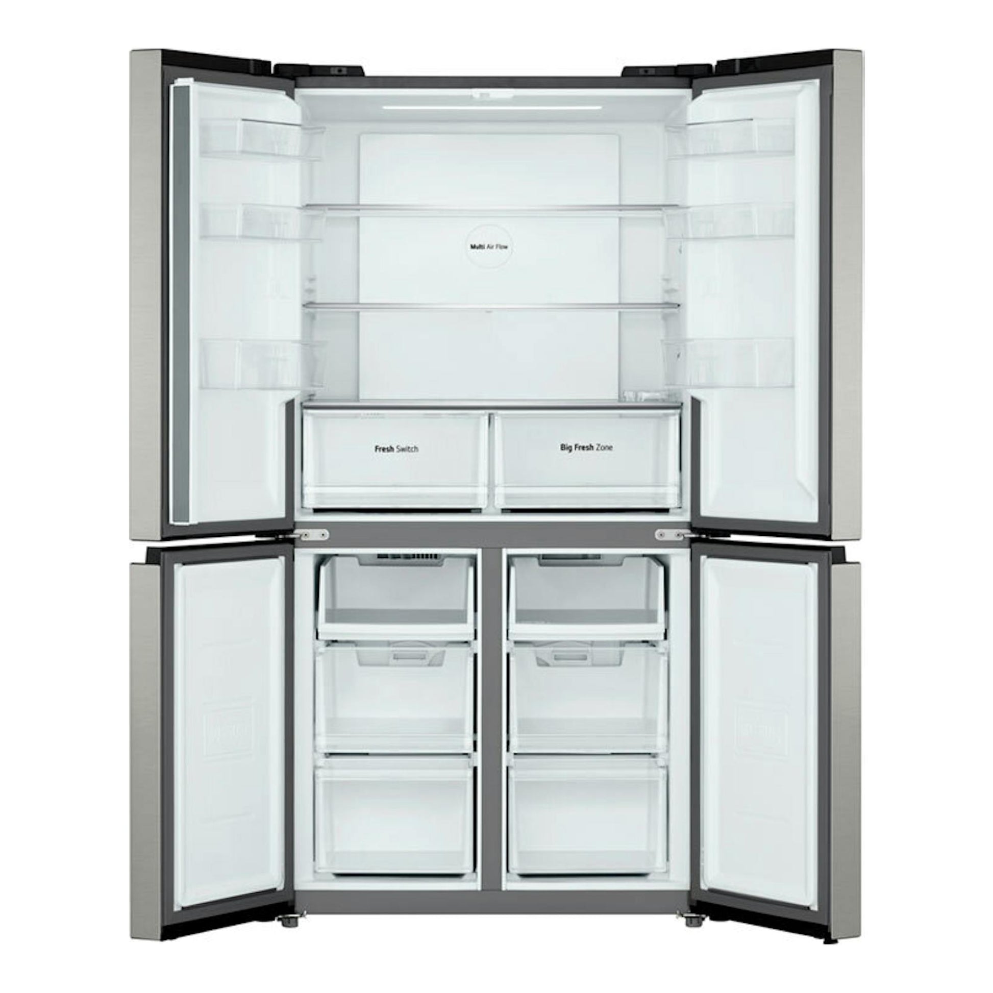 Frigorífico americano LG GMM41MSBEM inox, vista frontal abierto con dos puertas y cajones interiores.