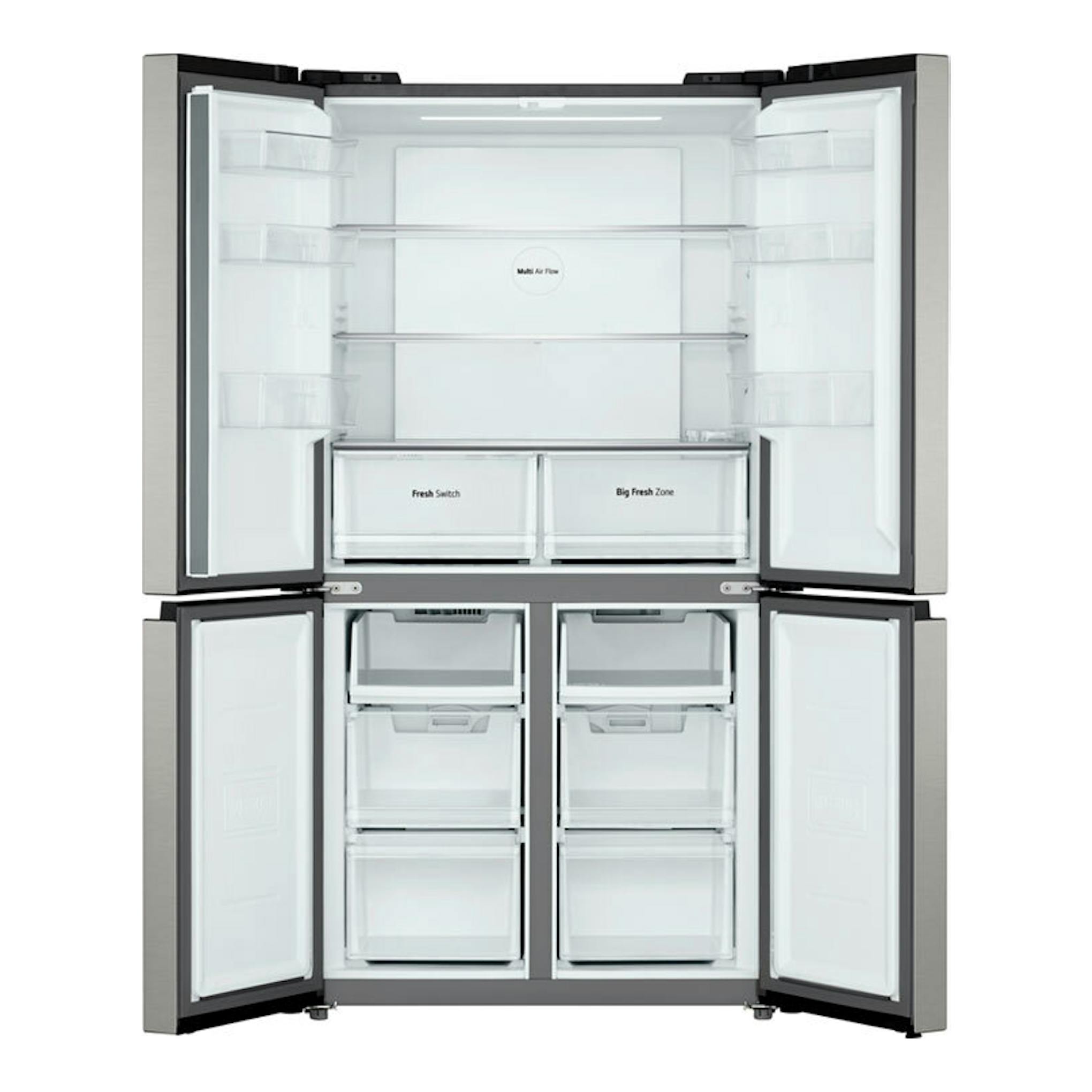 Frigorífico americano LG GMM41MSBEM inox, vista frontal abierto con dos puertas y cajones interiores.