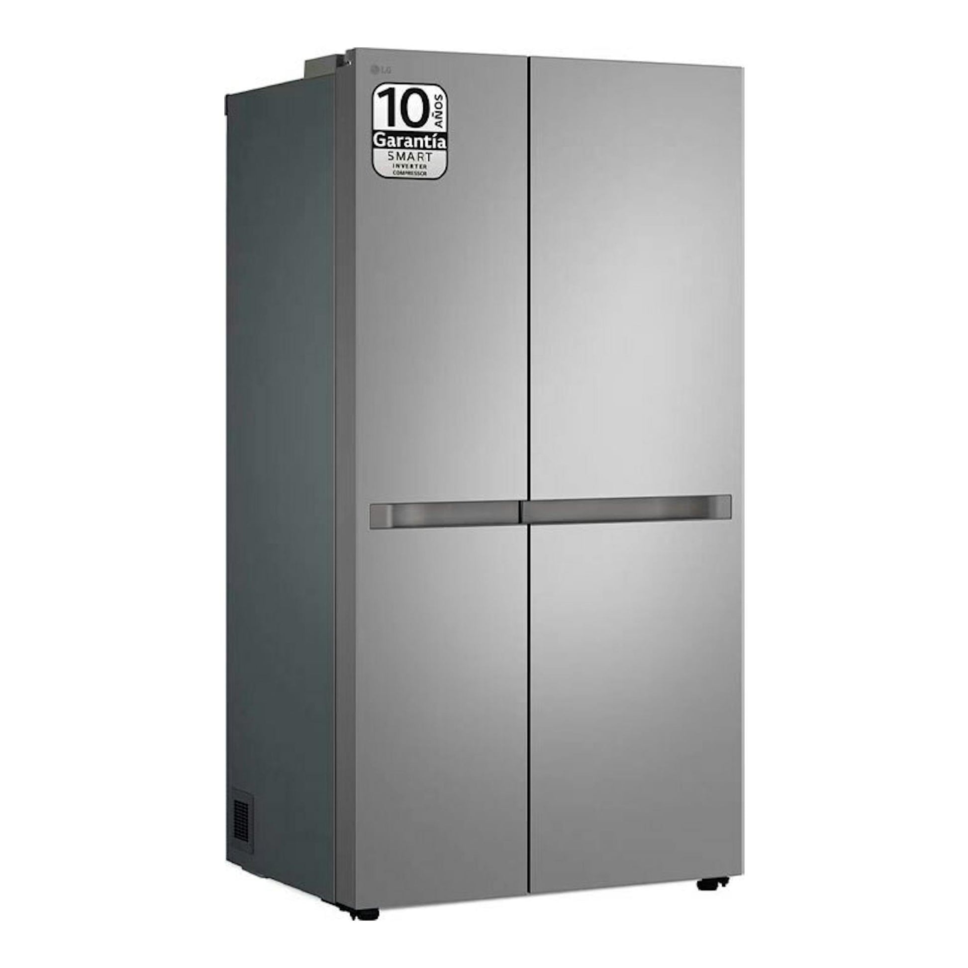 Frigorífico americano LG GSBC40PYPE inox, vista frontal, dos puertas y adhesivo de garantía en la parte superior.