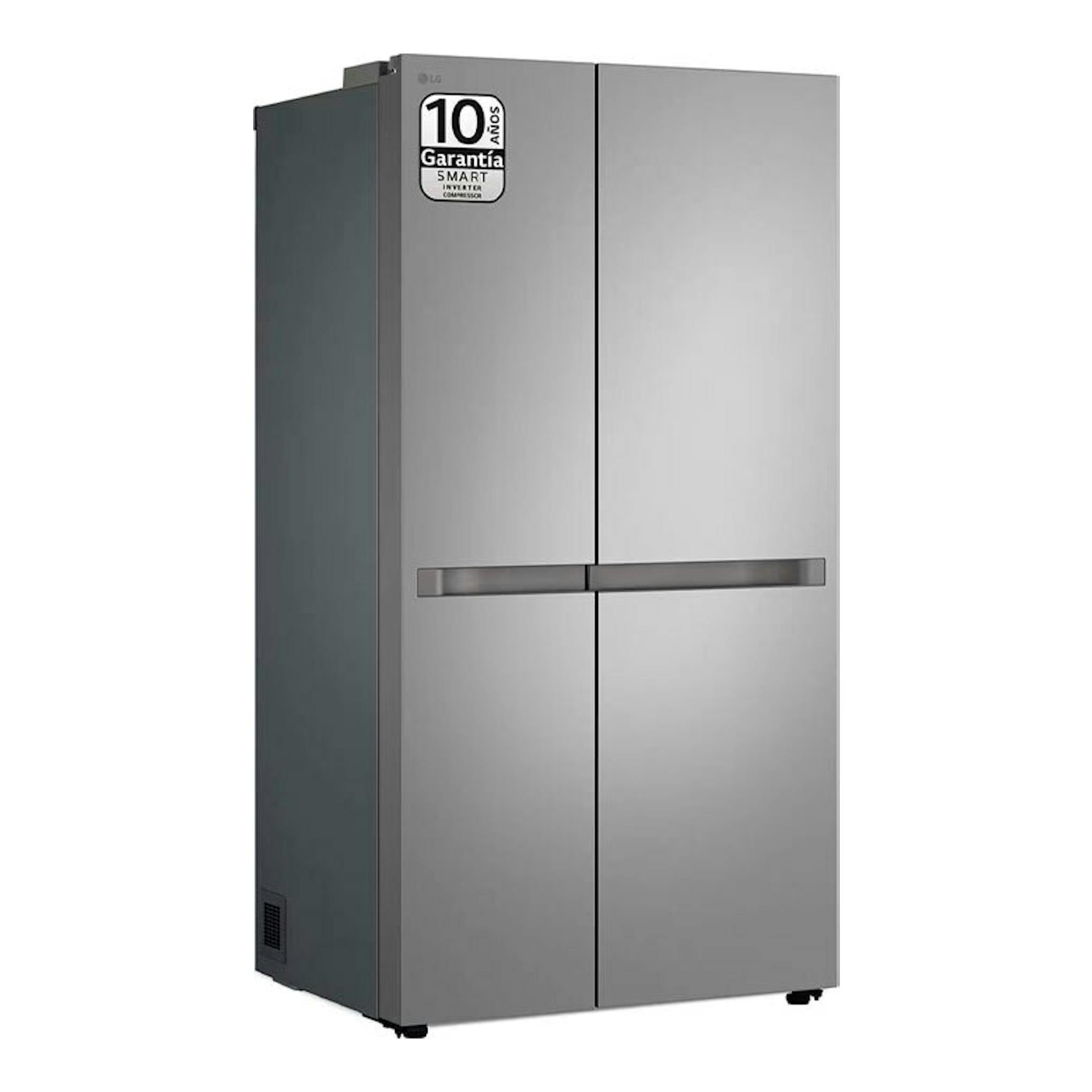 Frigorífico americano LG GSBC40PYPE inox, vista frontal, dos puertas y adhesivo de garantía en la parte superior.