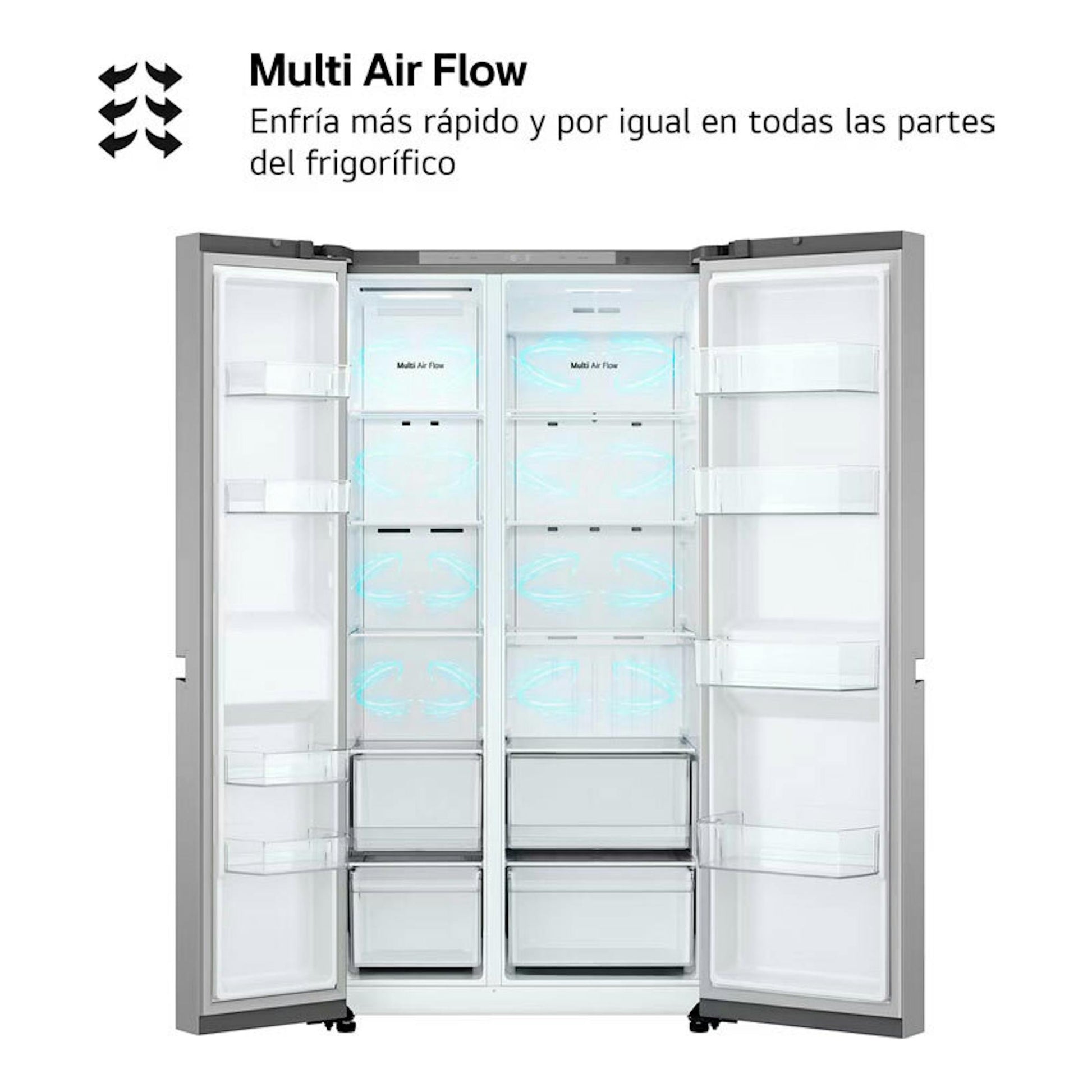 Frigorífico americano LG GSBC40PYPE inox, vista frontal con puertas abiertas y compartimentos visibles.
