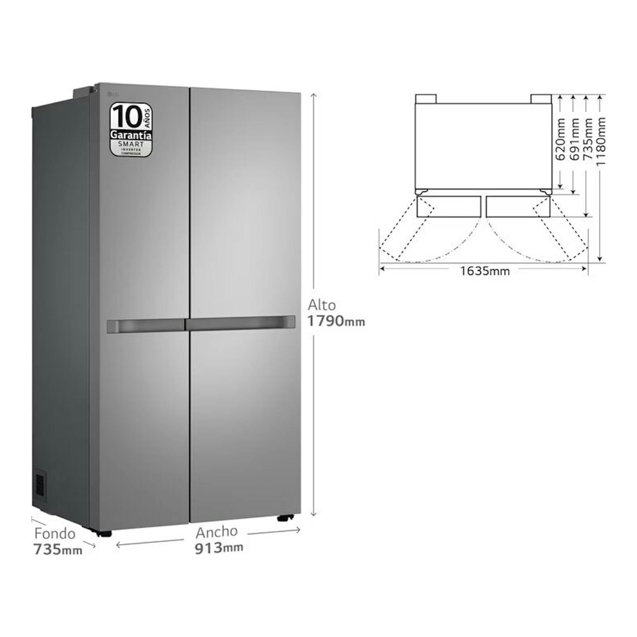 Frigorífico americano LG GSBC40PYPE inox, vista frontal, dos puertas, 1790 x 913 x 735 mm.