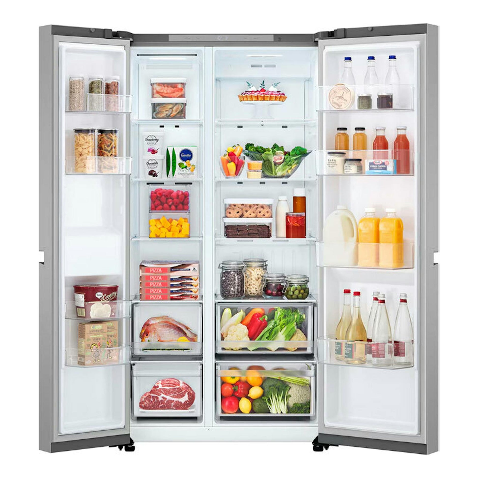 Frigorífico americano LG GSBC40PYPE inox, vista frontal con puertas abiertas y estantes llenos.
