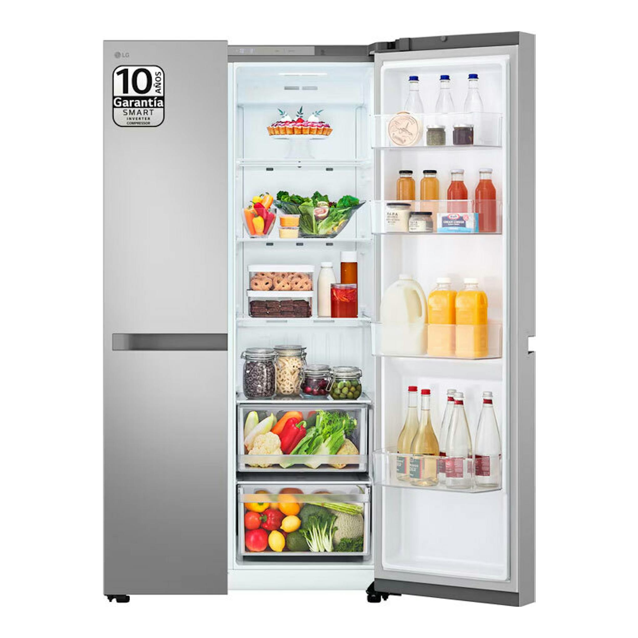 Frigorífico americano LG GSBC40PYPE inox, visto de frente con puertas abiertas y alimentos dentro.