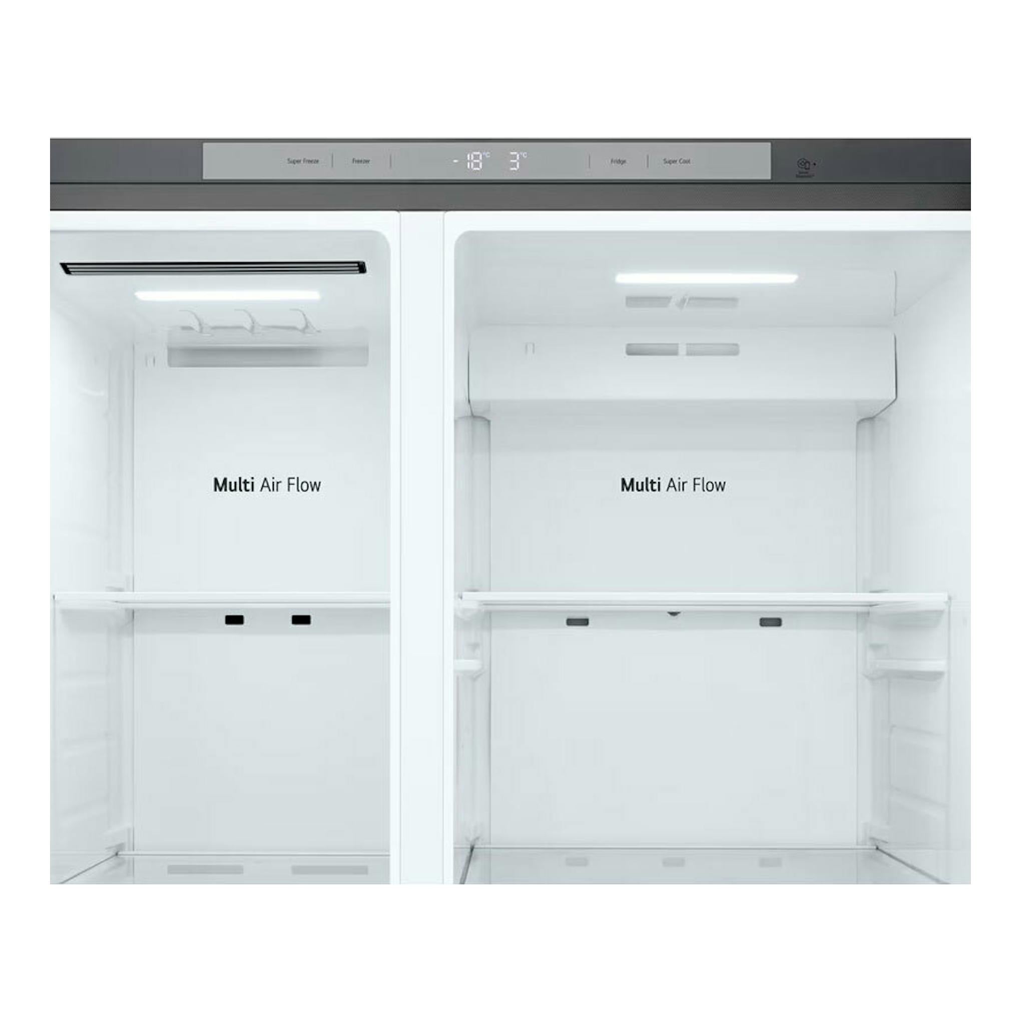 Frigorífico americano LG GSBC40PYPE inox, vista frontal abierta, interior blanco y dos compartimentos.