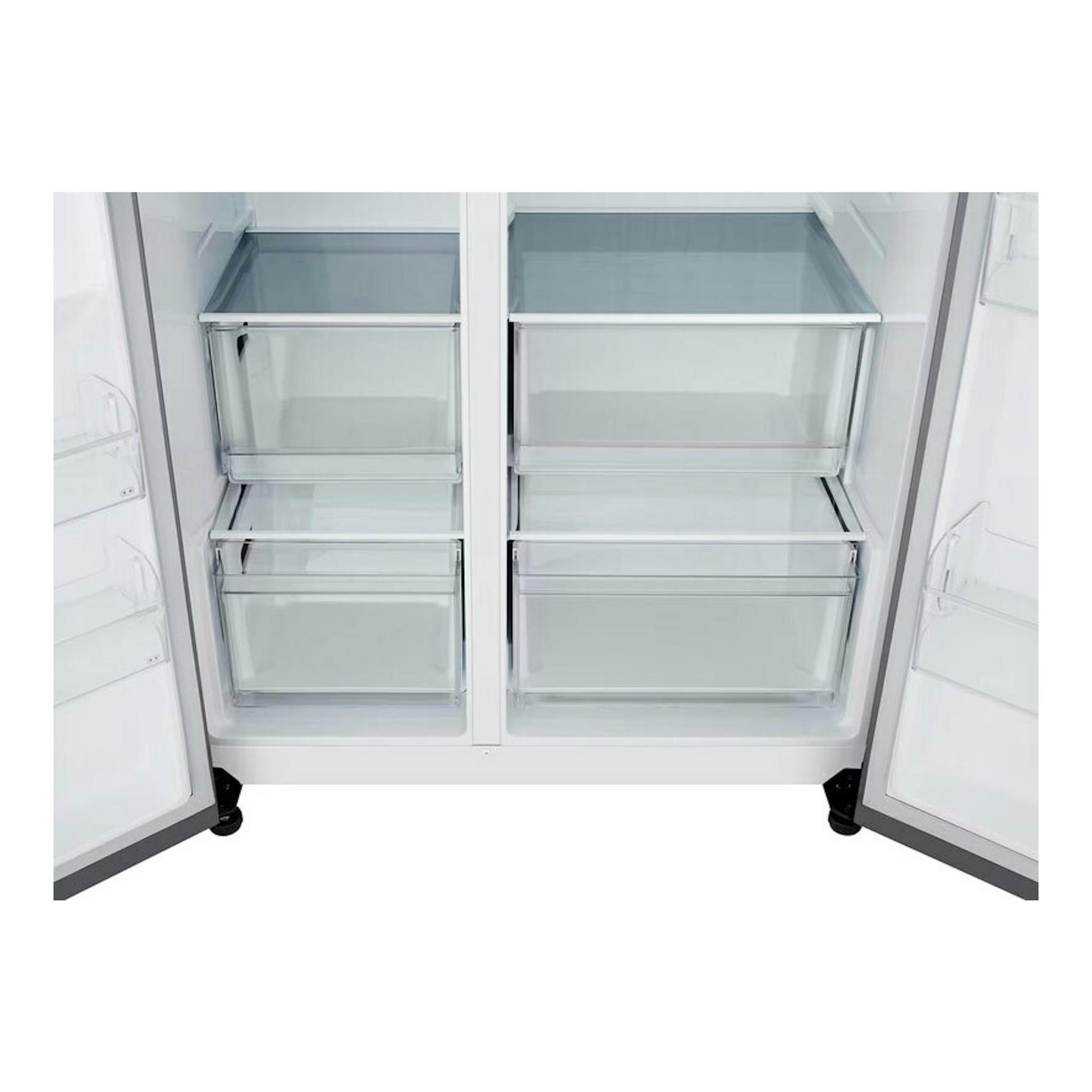 Frigorífico americano LG GSBC40PYPE inox, vista frontal interior con cajones y puertas abiertas.