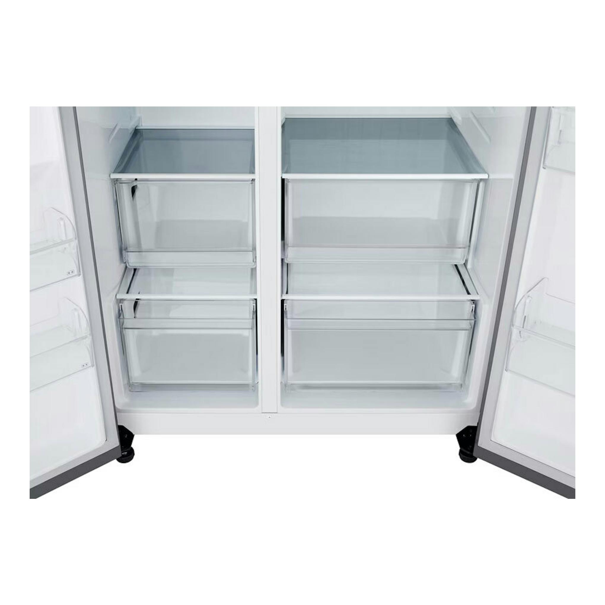 Frigorífico americano LG GSBC40PYPE inox, vista frontal interior con cajones y puertas abiertas.