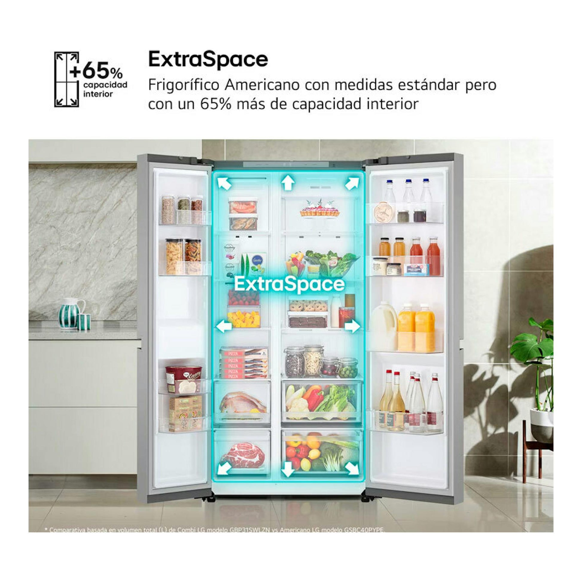 Frigorífico americano LG GSBC40PYPE inox, puertas abiertas, vista frontal.