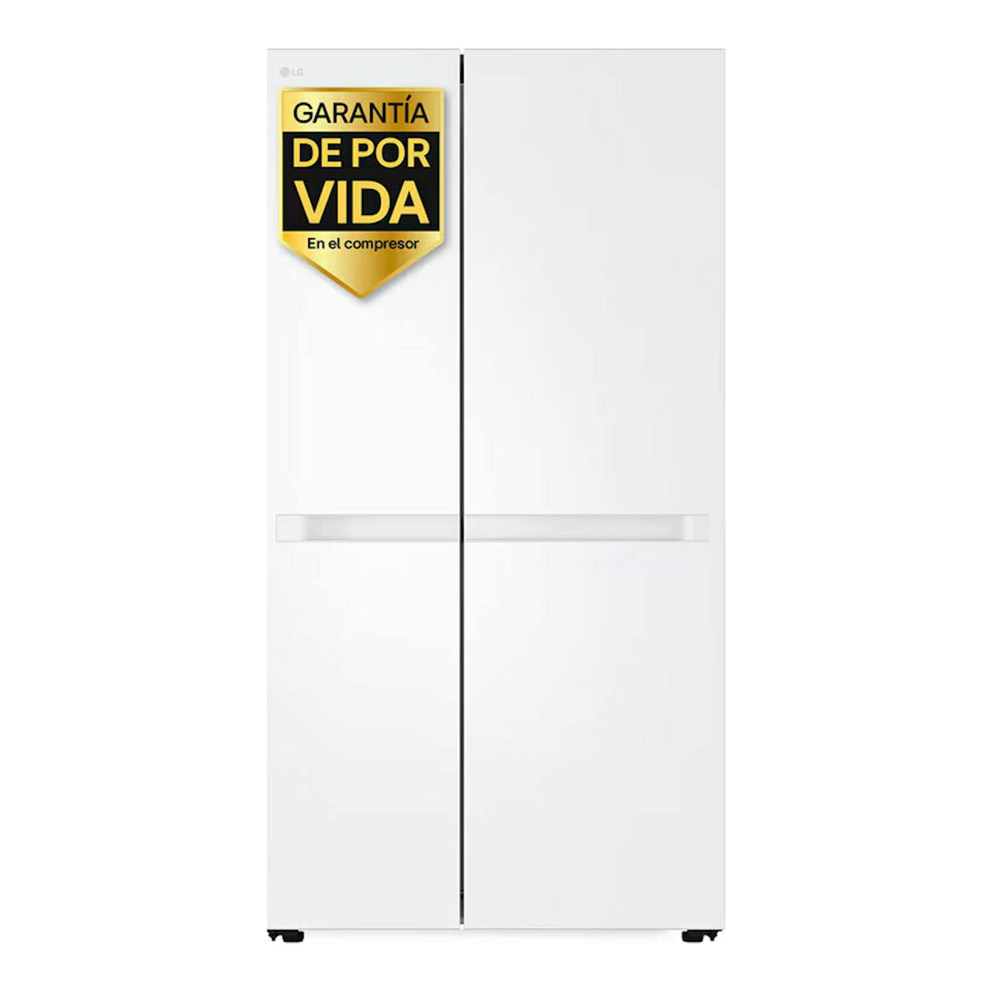 Frigorífico americano LG GSBC40SWPE blanco, vista frontal, de dos puertas, con pegatina dorada en la puerta.
