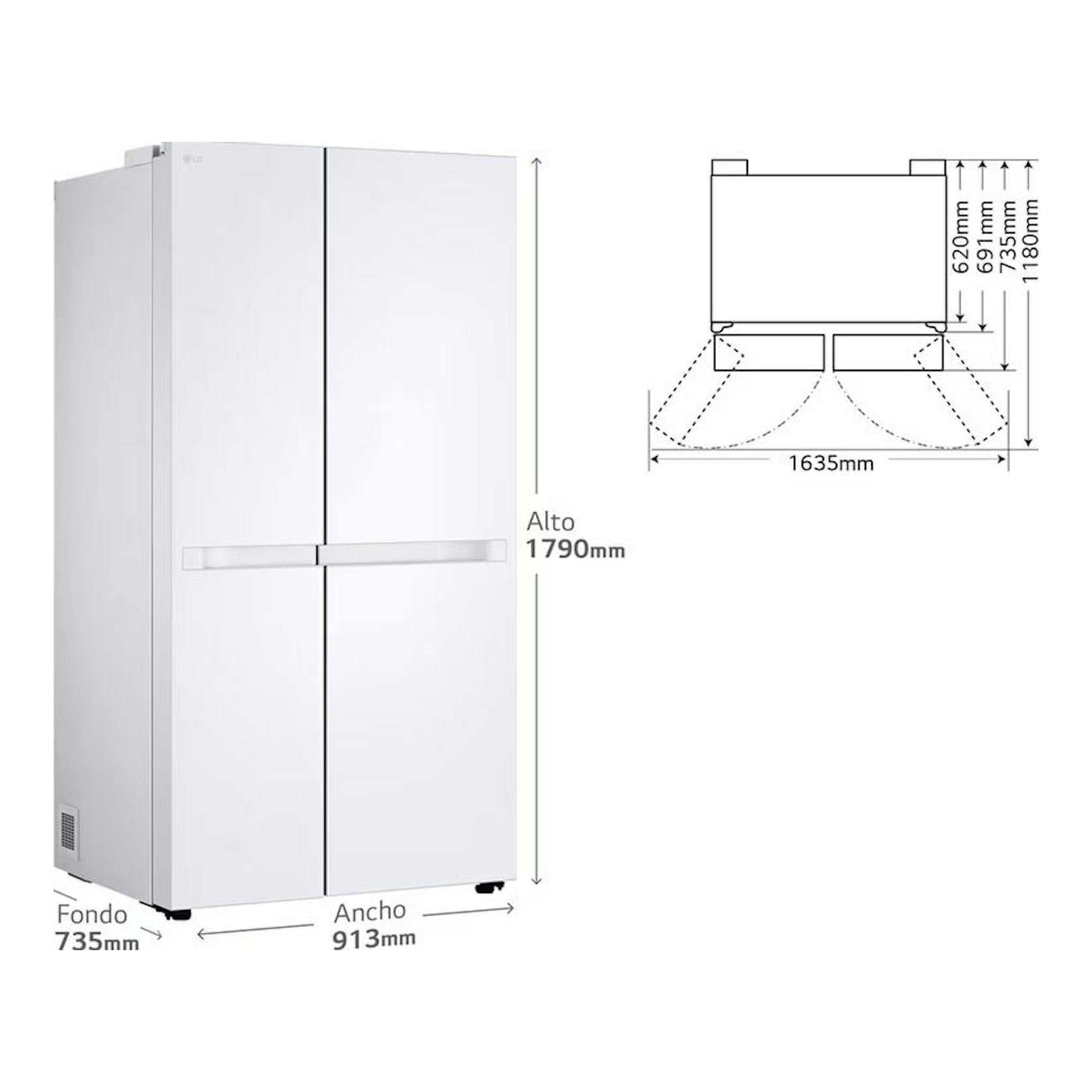 Frigorífico americano LG GSBC40SWPE blanco, vista frontal con medidas y esquema de apertura.