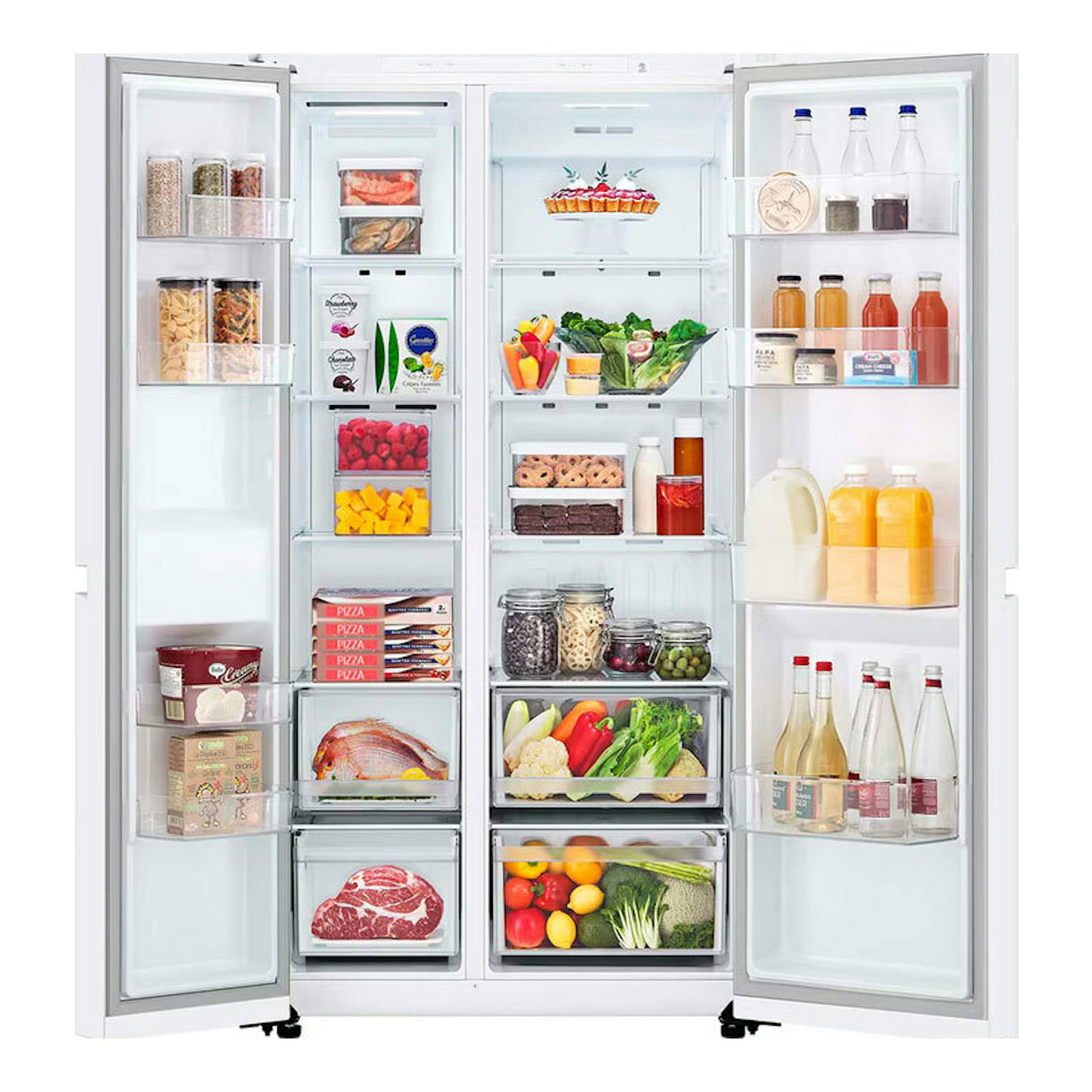 Frigorífico americano LG GSBC40SWPE blanco, vista frontal con puertas abiertas y estantes llenos.