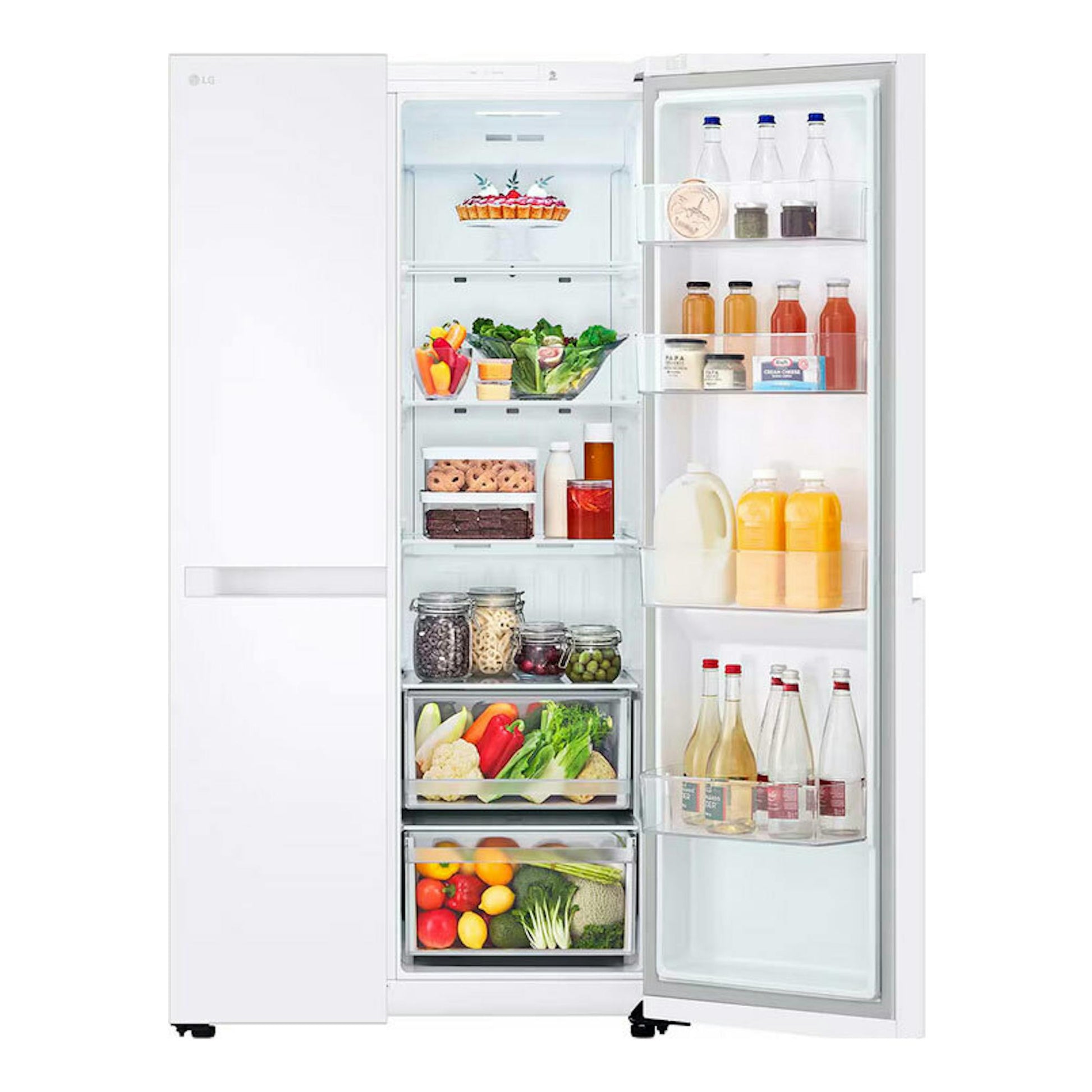 Frigorífico americano LG GSBC40SWPE blanco, vista frontal con puertas abiertas y estantes con alimentos.