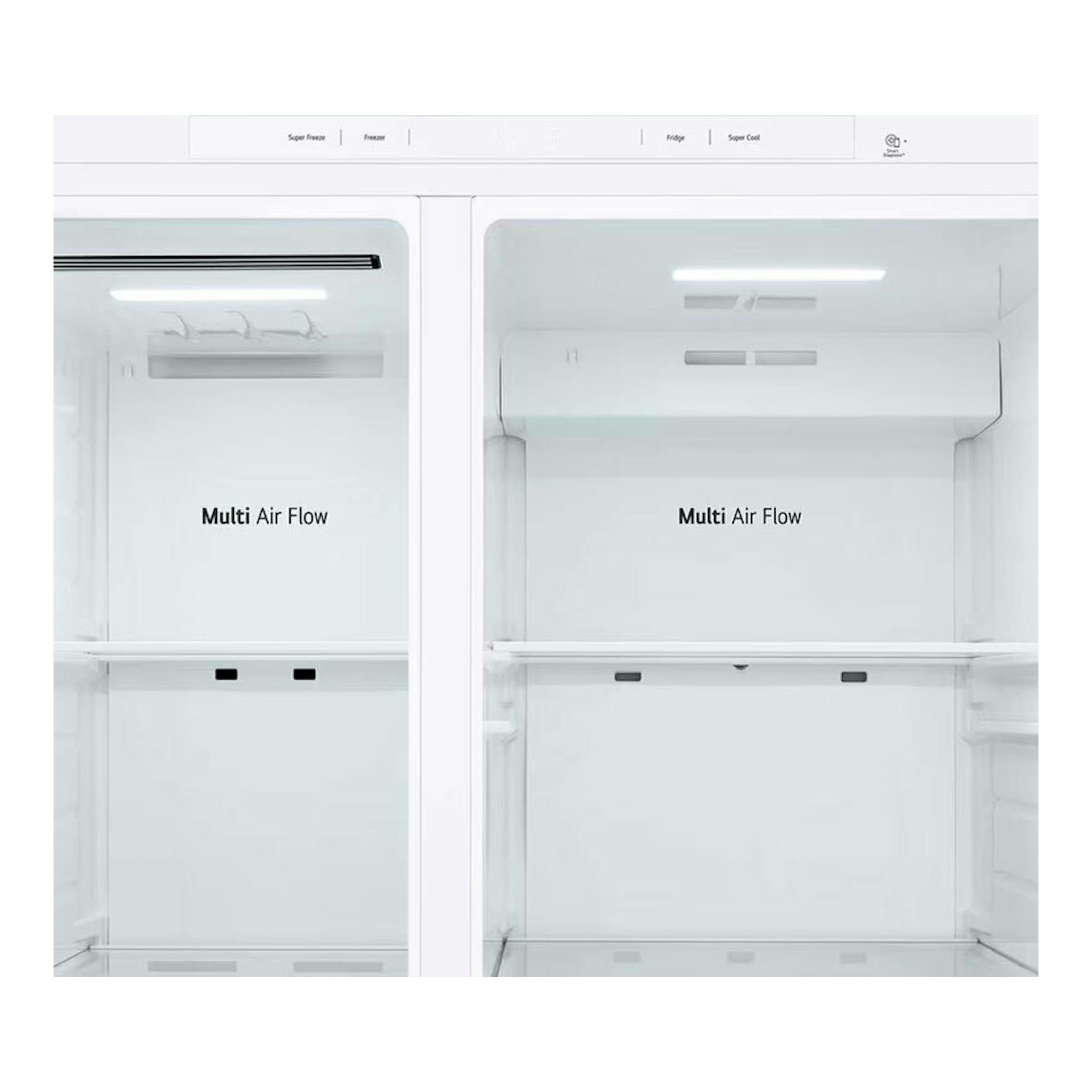Frigorífico americano LG GSBC40SWPE blanco, vista frontal interior con dos compartimentos y paneles Multi Air Flow.