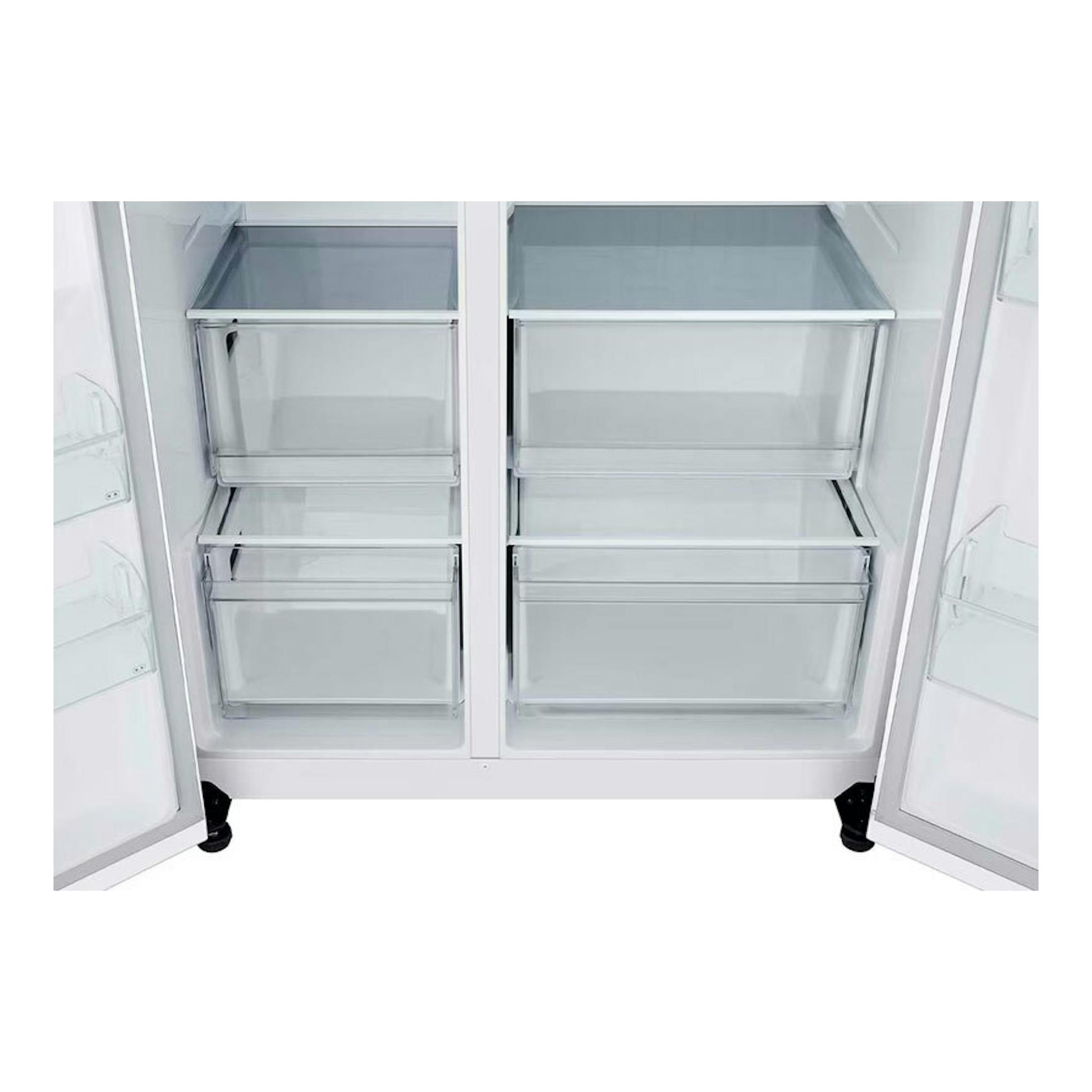 Frigorífico americano LG GSBC40SWPE blanco, interior abierto con cajones y baldas de cristal.