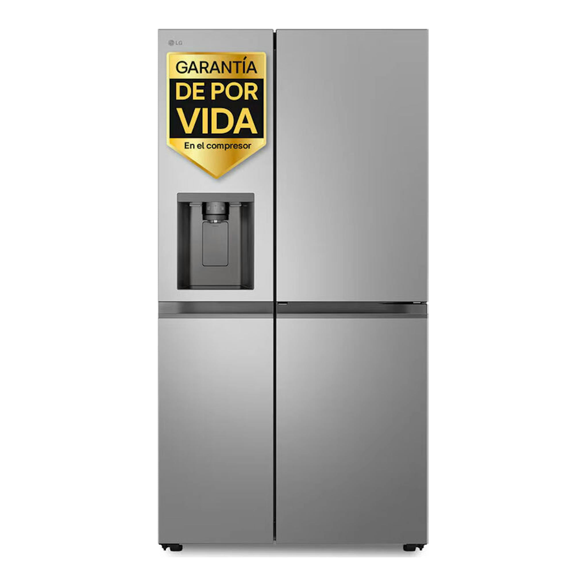 Frigorífico americano LG inox, vista frontal, con dispensador de agua y cuatro puertas.