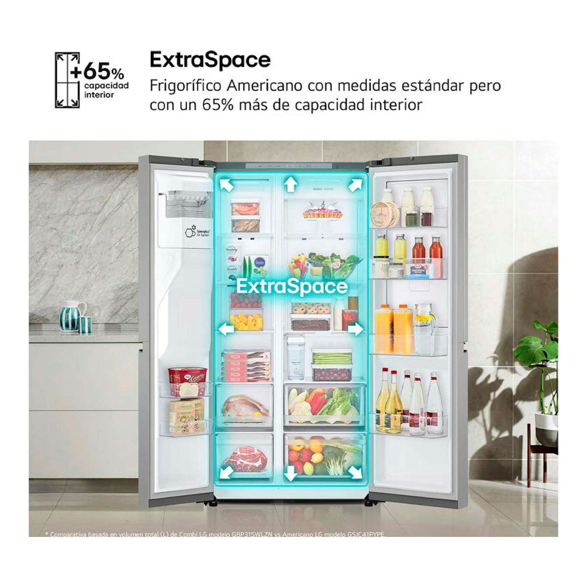 LG GSJC41PYPE Inox, frigorífico americano abierto de frente con interior visible y gráfico ExtraSpace.