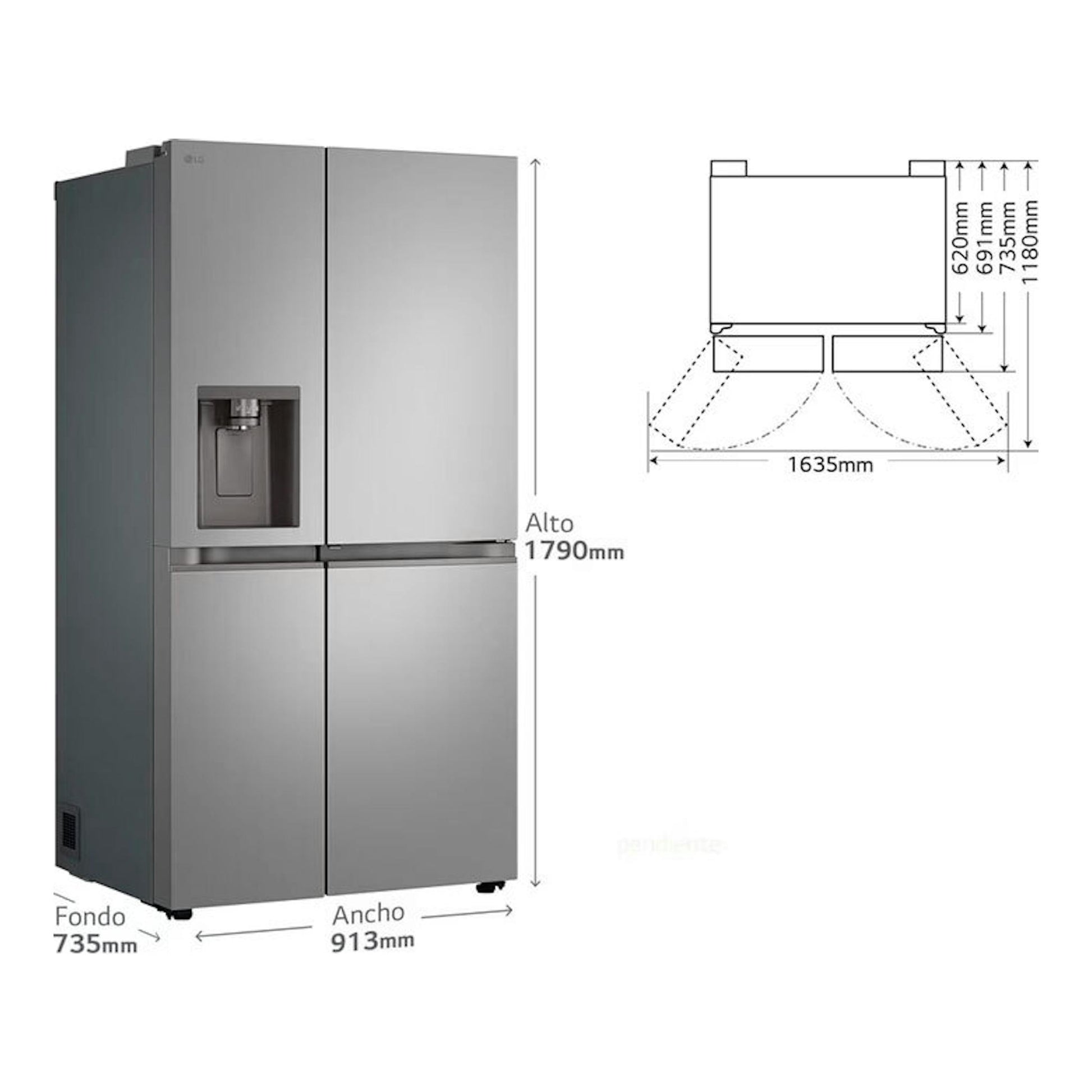Frigorífico americano LG GSJC41PYPE inox, vista frontal en ángulo, 4 puertas con dispensador y plano de medidas.