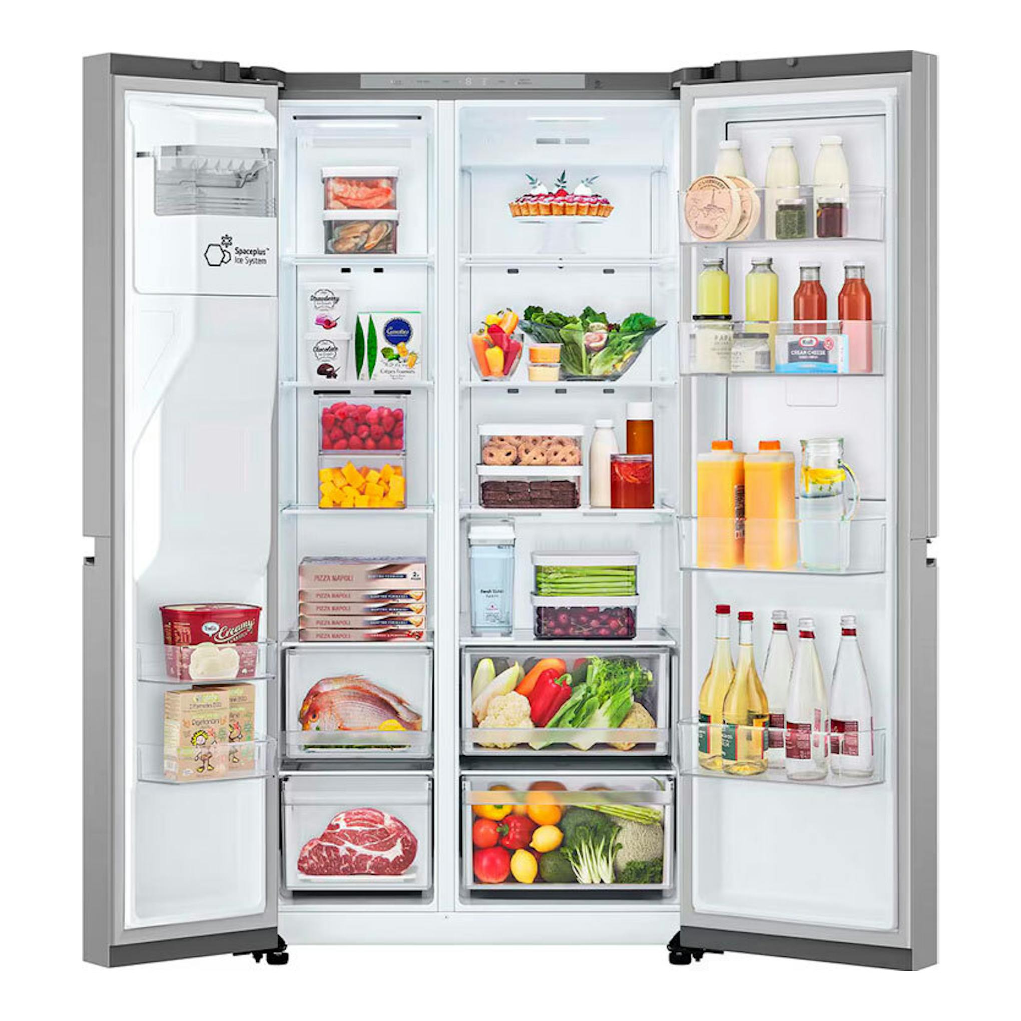 Frigorífico americano LG GSJC41PYPE inox, vista frontal con puertas abiertas y compartimentos llenos.