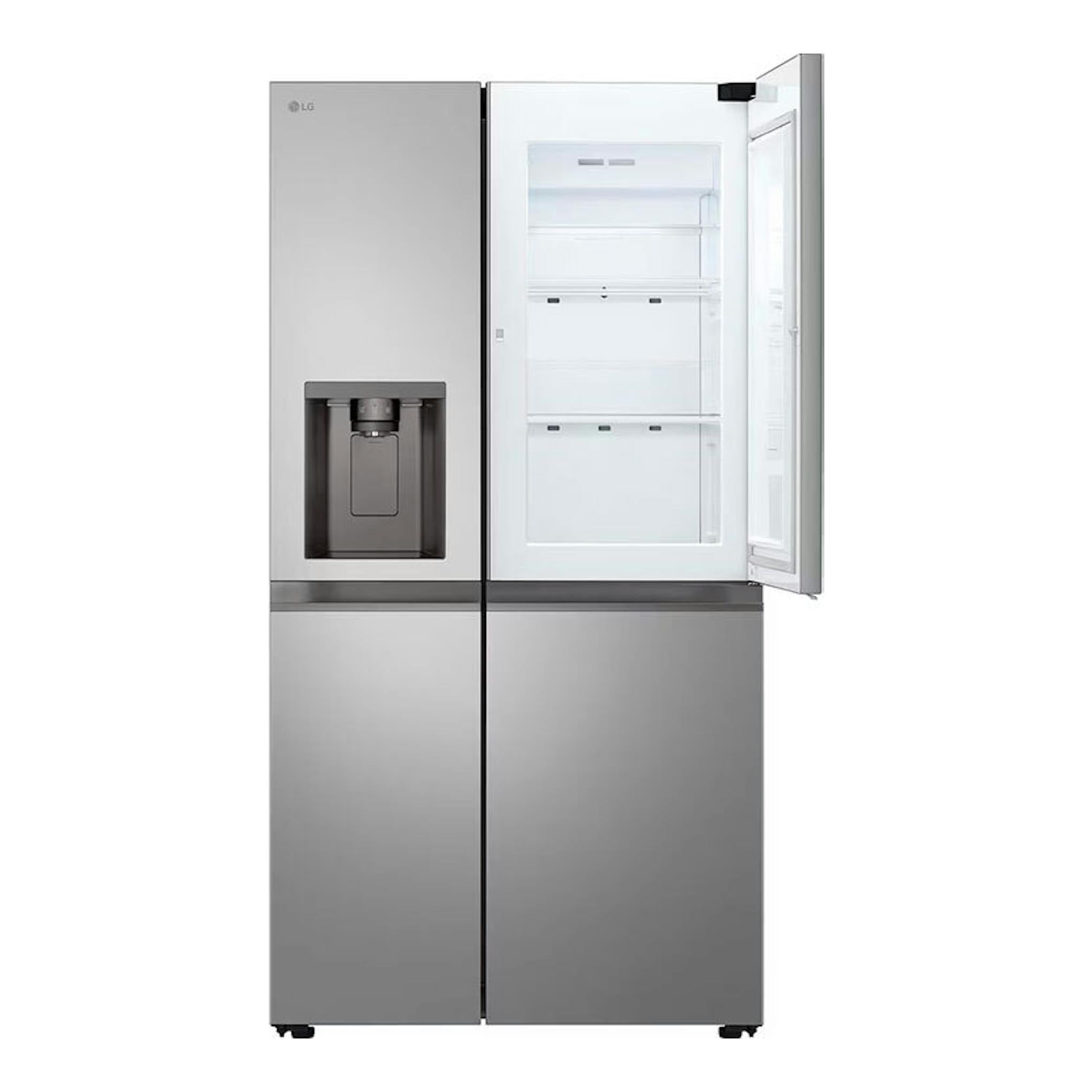 Frigorífico americano LG GSJC41PYPE inox, vista frontal, con una puerta abierta y dispensador de agua.