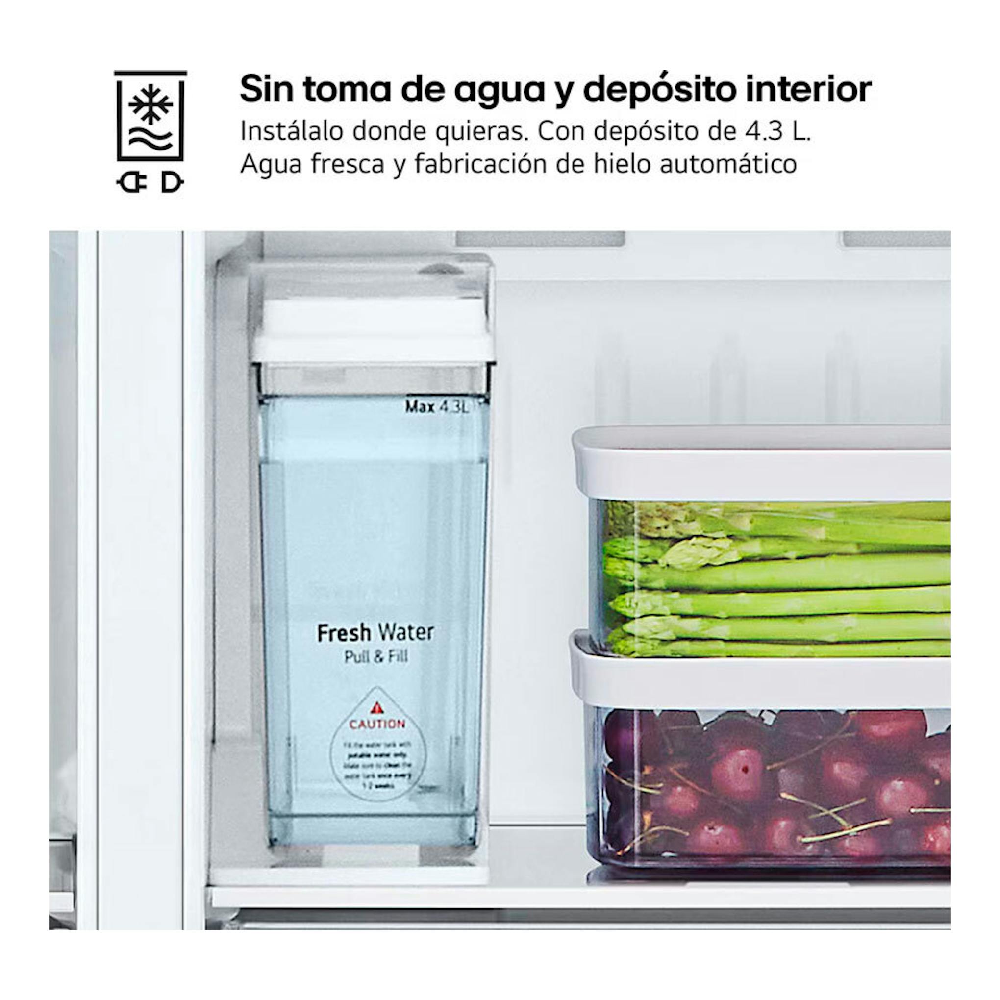 Vista frontal del interior de un frigorífico americano LG GSJC41PYPE inox, con depósito de agua y cajones transparentes.