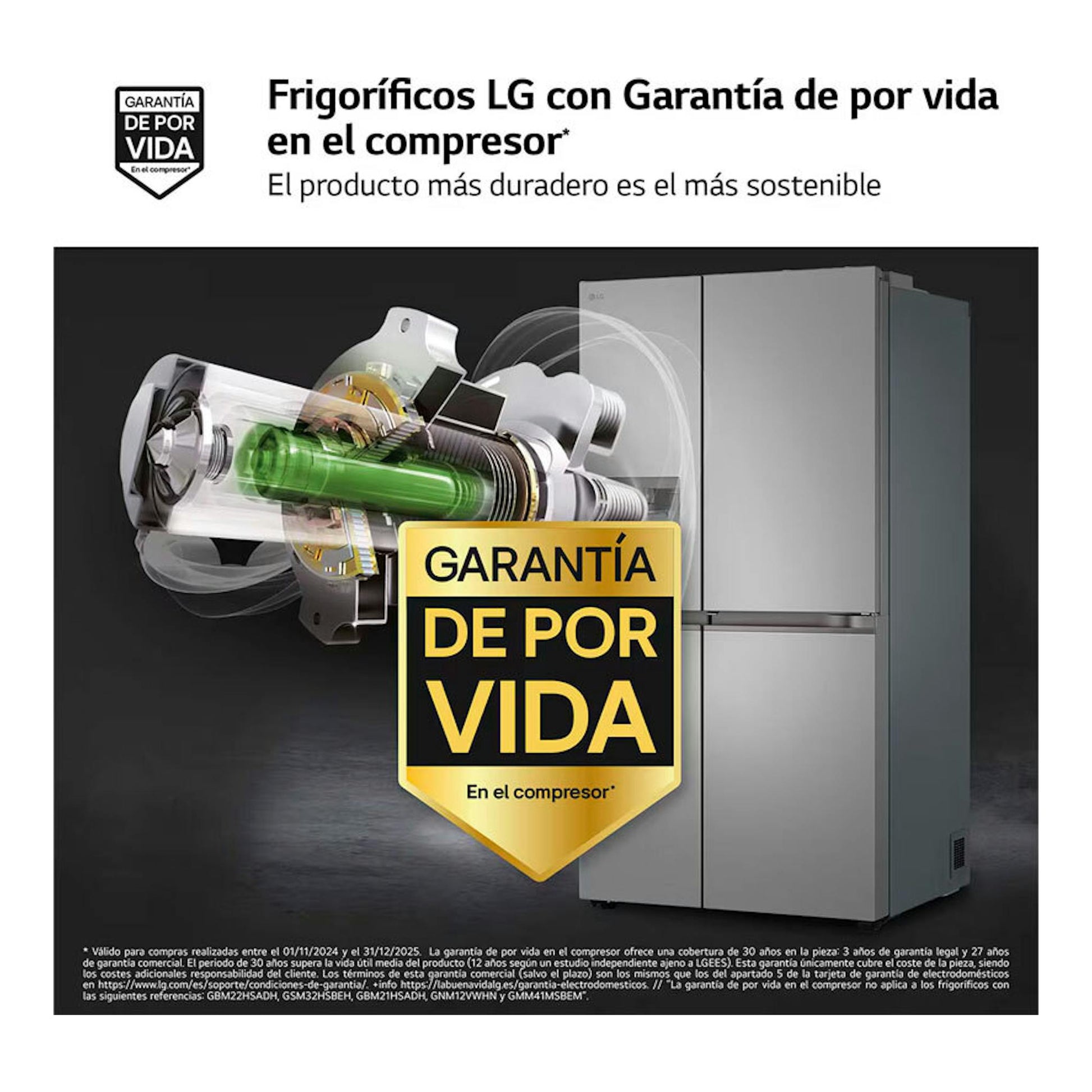 Frigorífico americano LG GSJC41PYPE inox, vista frontal, junto a un gráfico del compresor y sello de garantía de por vida.