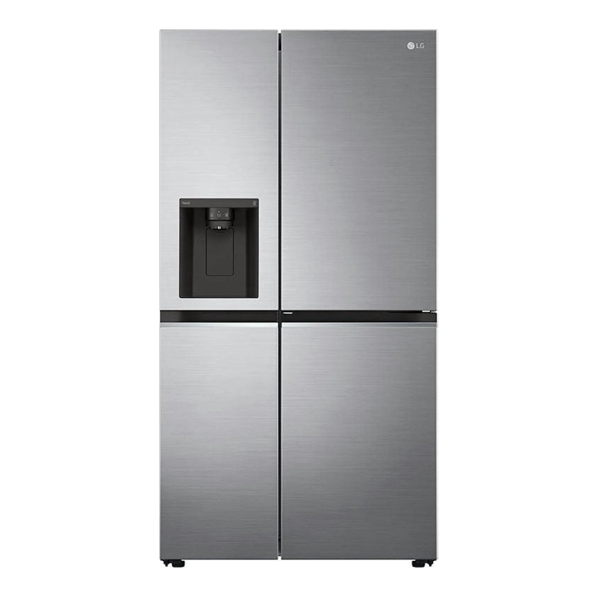 Frigorífico americano LG GSJV70PZTF inox, vista frontal, cuatro puertas con dispensador en la puerta superior izquierda.