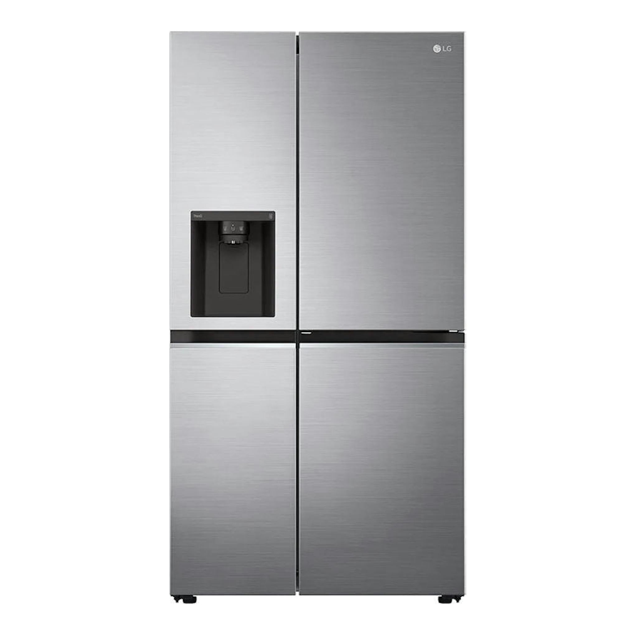 Frigorífico americano LG GSJV70PZTF inox, vista frontal, cuatro puertas con dispensador en la puerta superior izquierda.