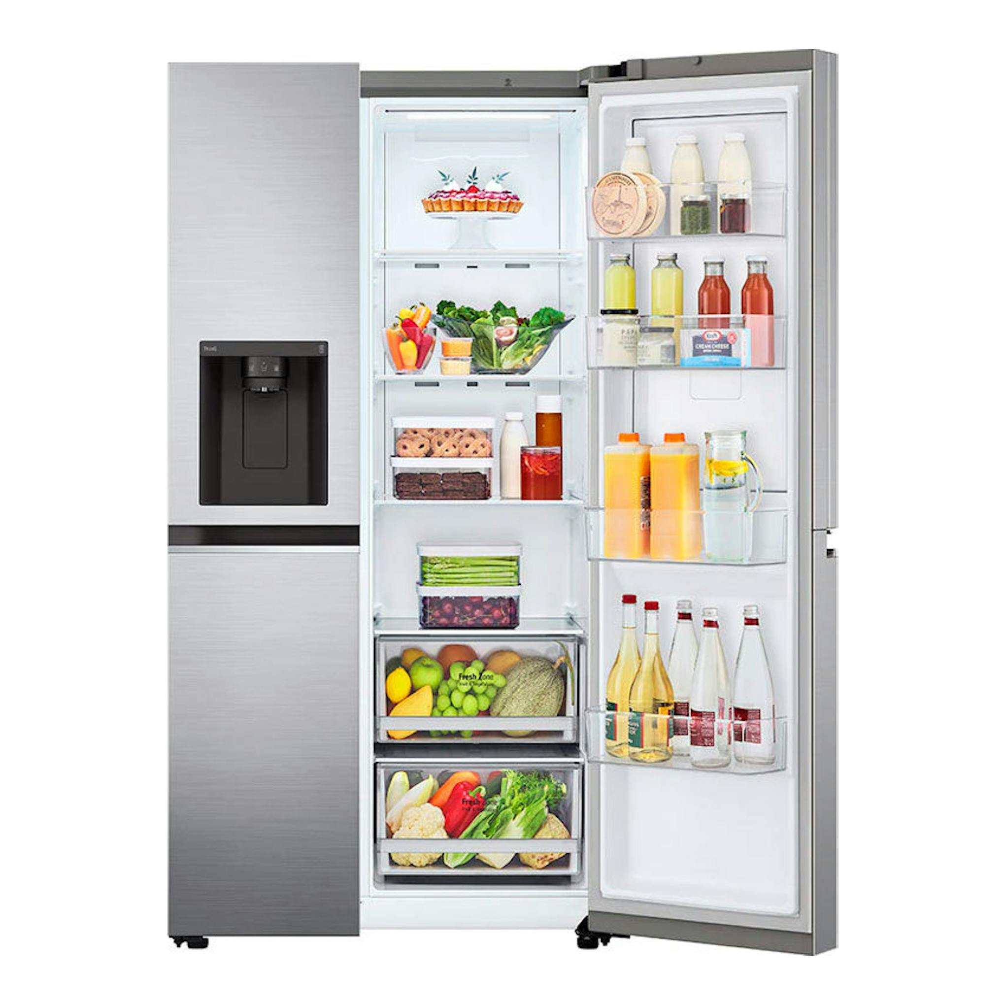 Frigorífico americano LG GSJV70PZTF inox, abierto de frente, con dispensador y alimentos visibles.