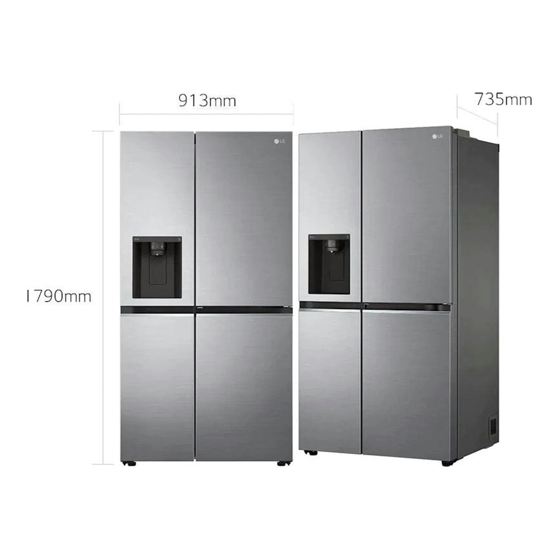 Frigorífico americano LG GSJV70PZTF inox, vista frontal y lateral, dispensador y medidas 913x1790x735 mm.