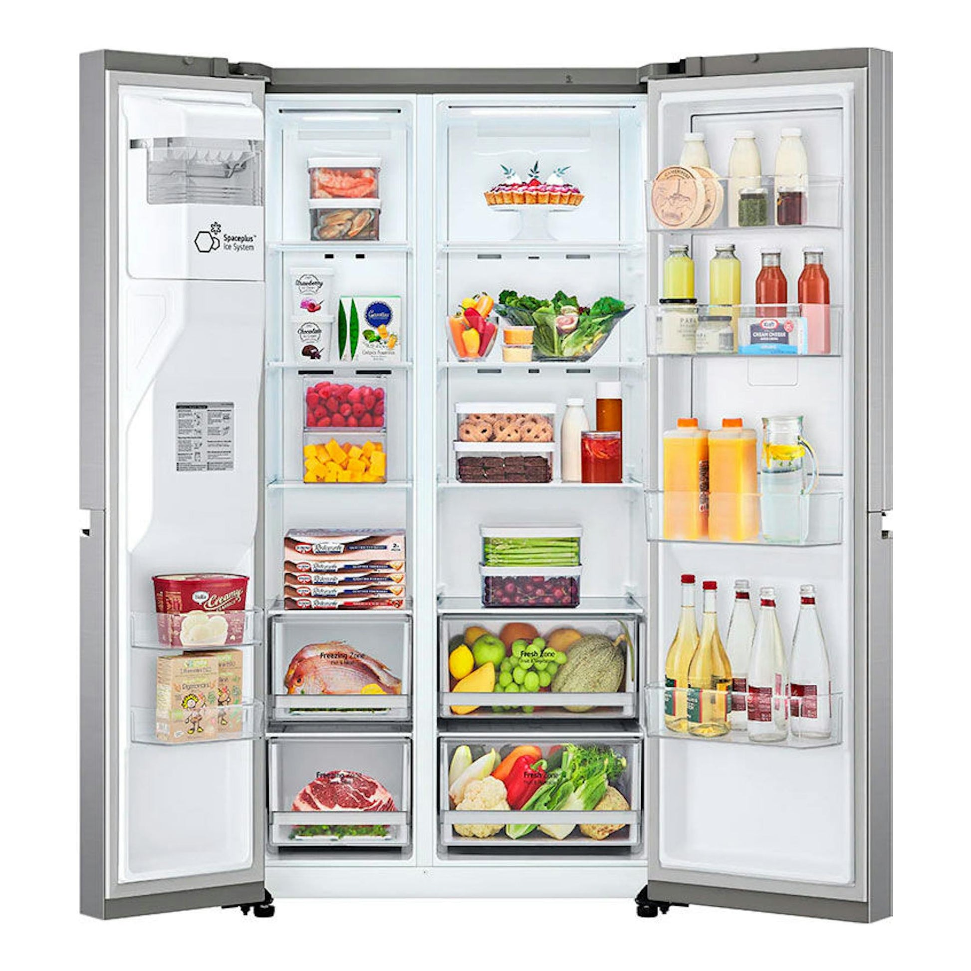 Frigorífico americano LG GSJV70PZTF inox, vista frontal abierto con compartimentos y baldas llenas.