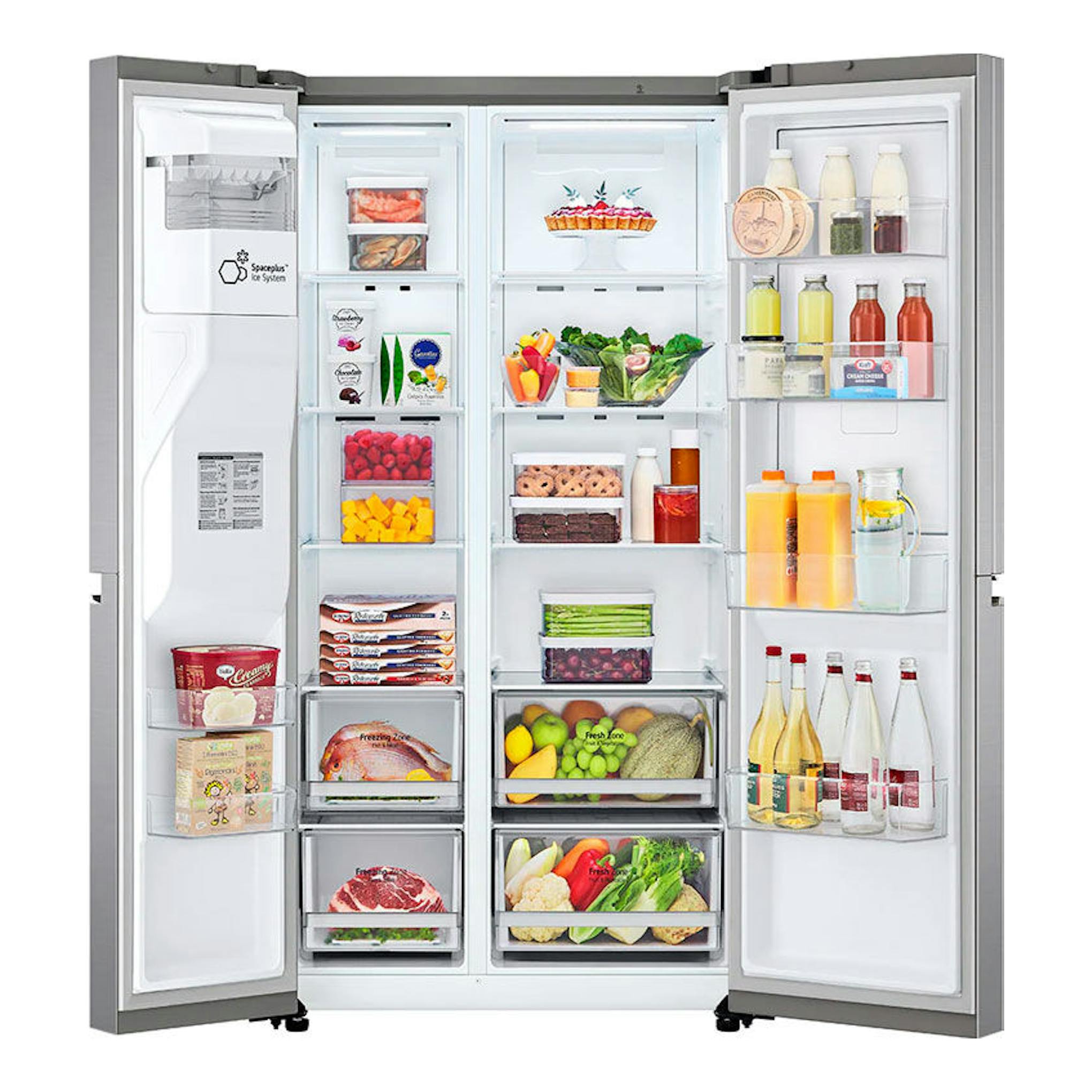 Frigorífico americano LG GSJV70PZTF inox, vista frontal abierto con compartimentos y baldas llenas.