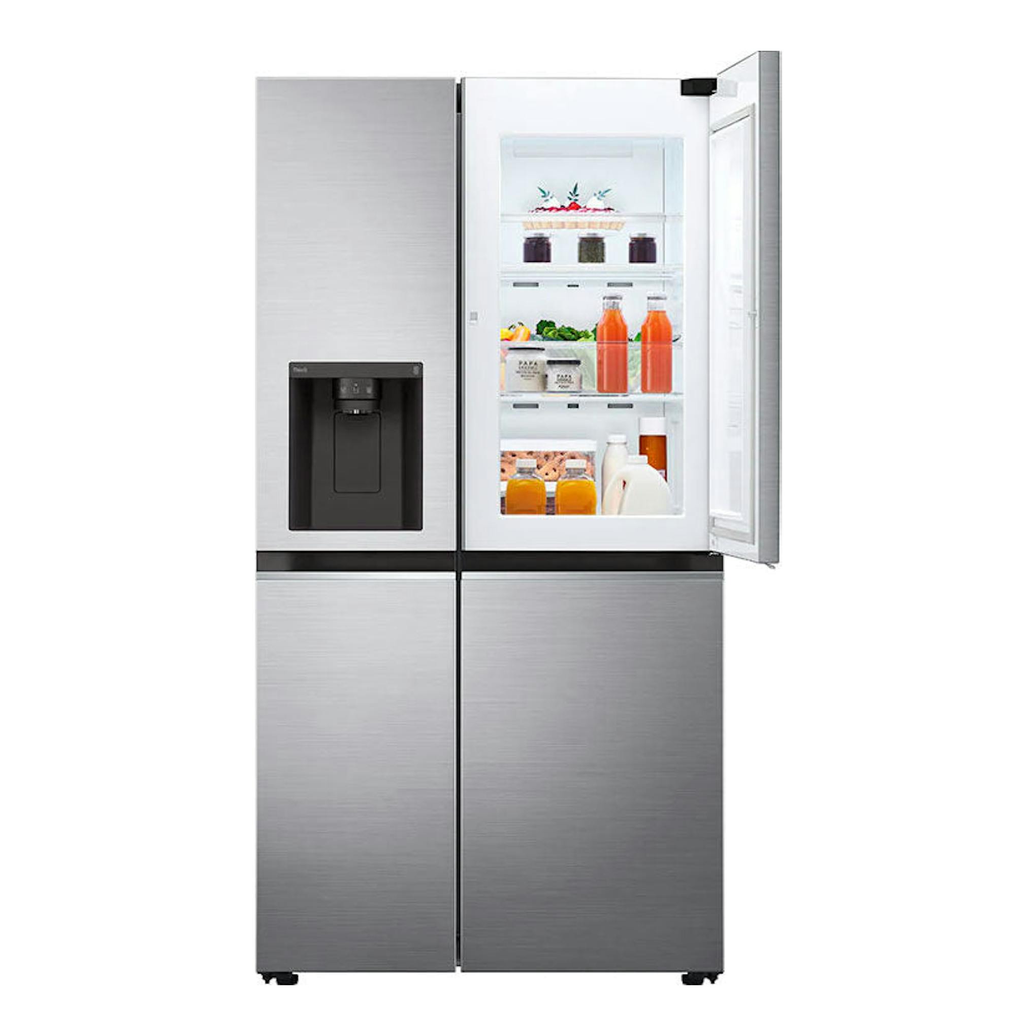 Frigorífico americano LG GSJV70PZTF inox, vista frontal, con una puerta abierta y dispensador de agua.