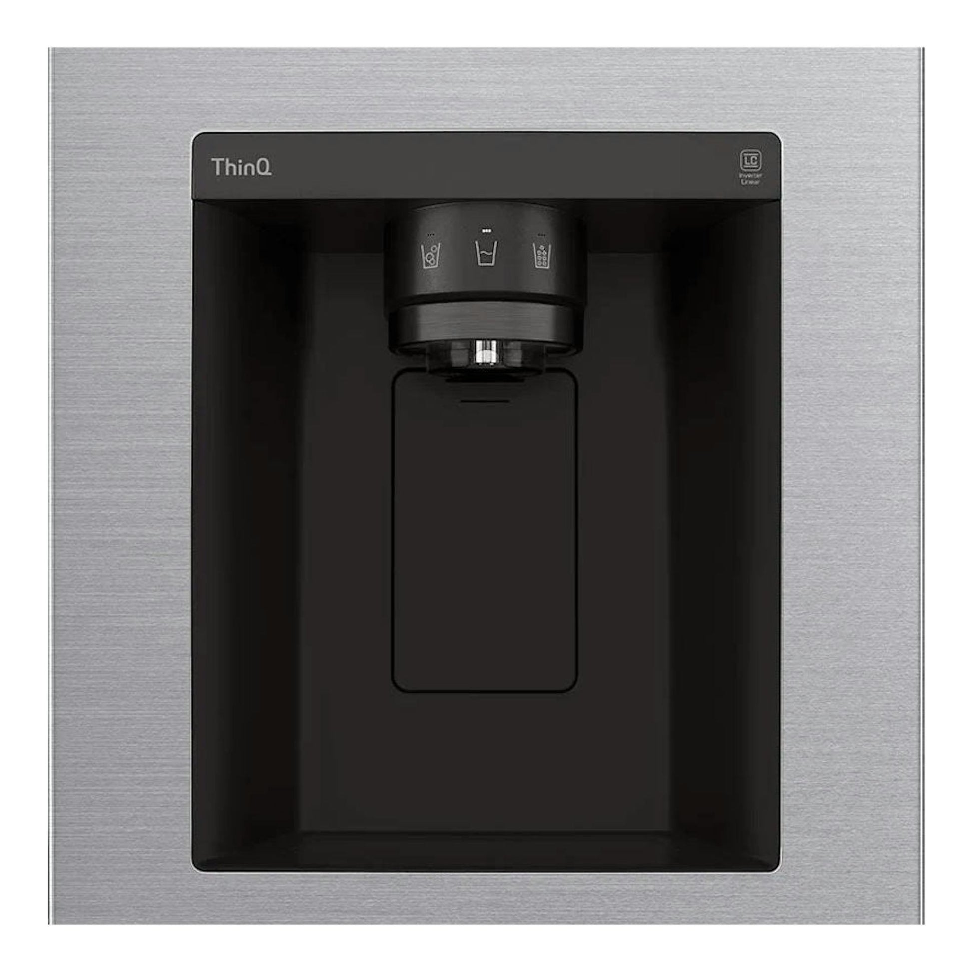 Frigorífico americano LG GSJV70PZTF inox, vista frontal del dispensador negro de agua y hielo.