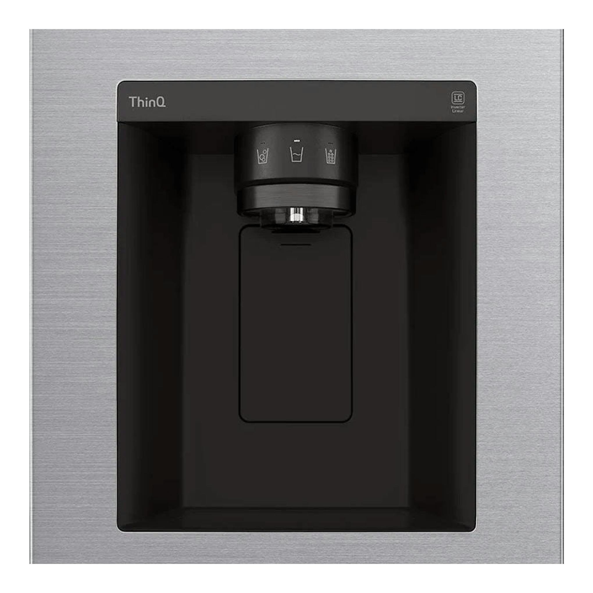Frigorífico americano LG GSJV70PZTF inox, vista frontal del dispensador negro de agua y hielo.
