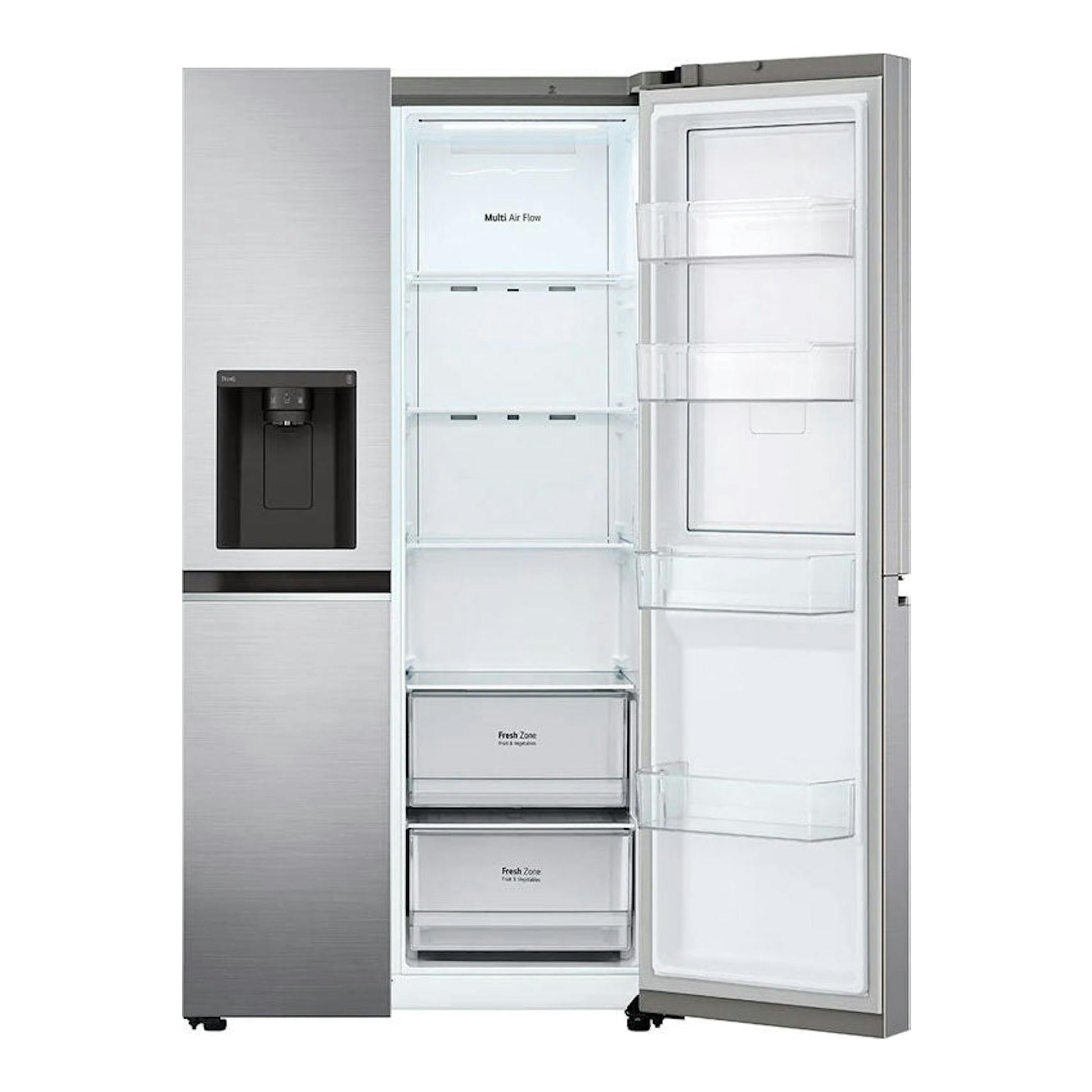 Frigorífico americano LG GSJV70PZTF inox, con puertas abiertas, dispensador de agua y estantes interiores visibles.