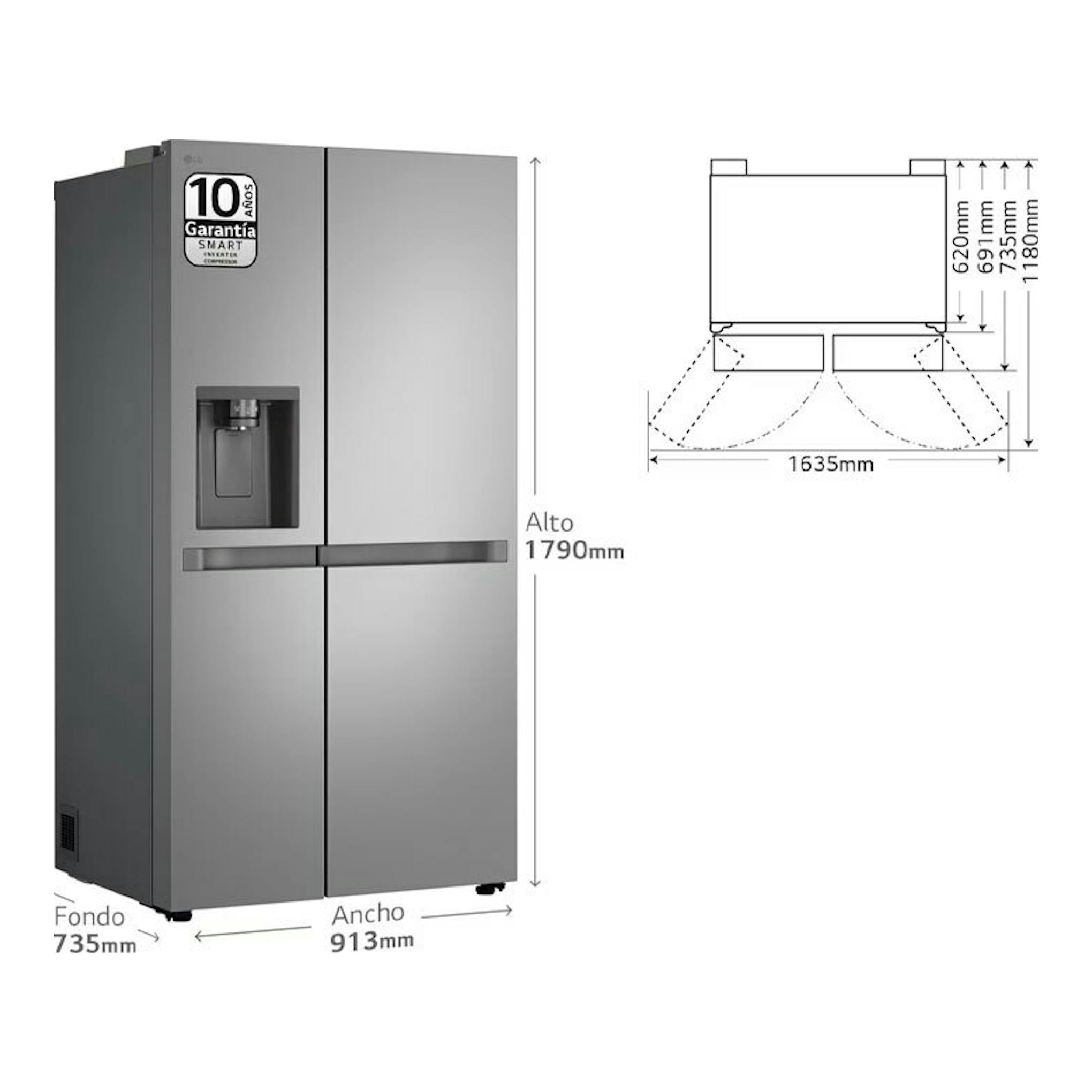 Frigorífico americano LG GSLC40PYPE inox, vista frontal, con dispensador y medidas de ancho, fondo y alto.