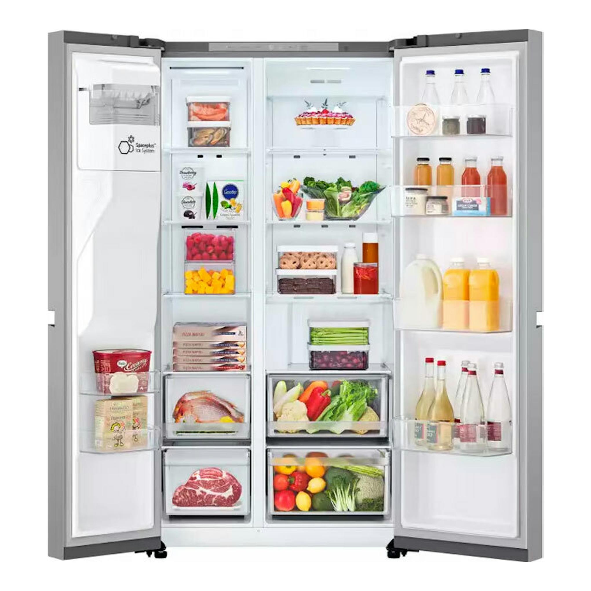 Frigorífico americano LG GSLC40PYPE inox, visto de frente y abierto, con alimentos y bebidas en los compartimentos.