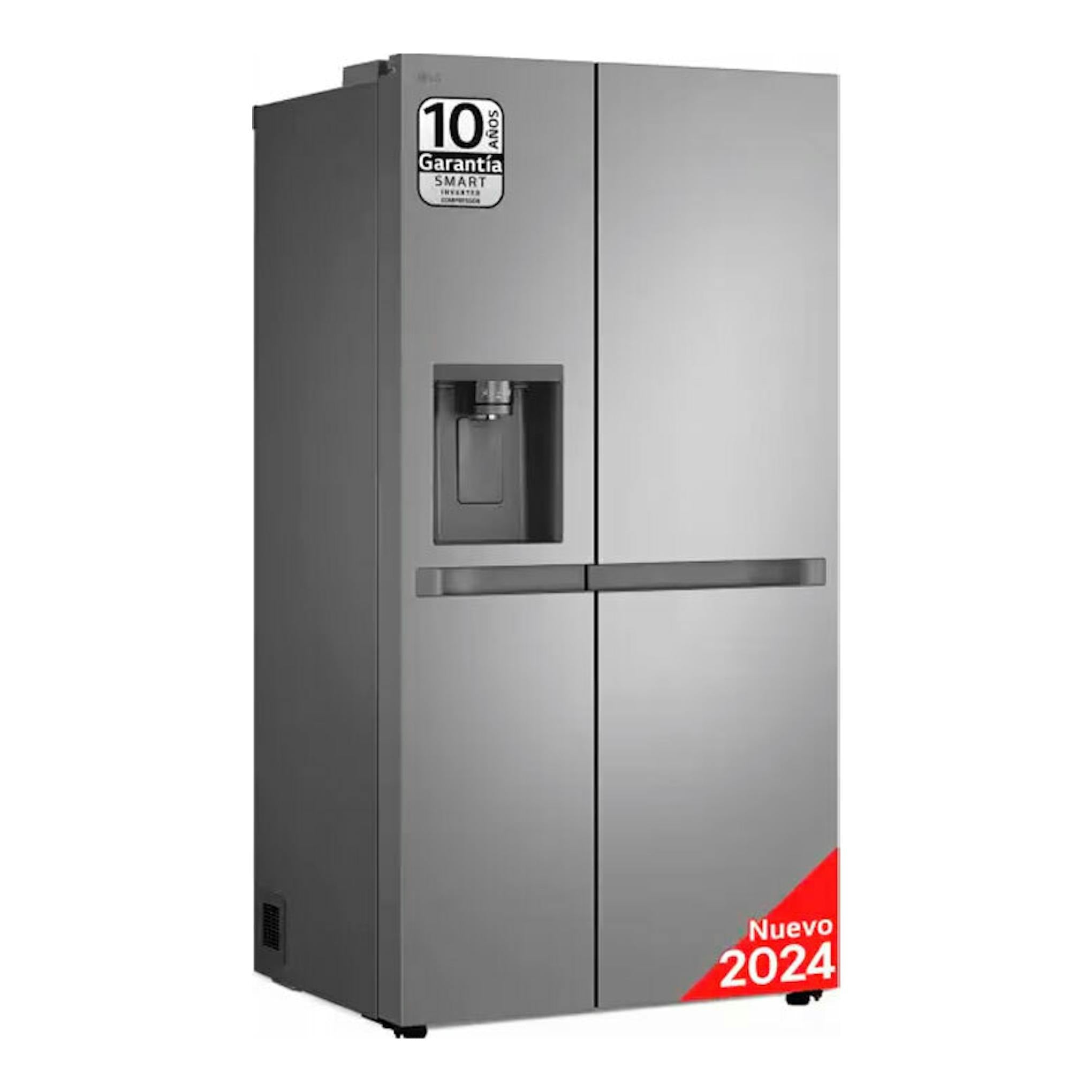 Frigorífico americano LG GSLC40PYPE inox, vista frontal, con dispensador de agua y puertas dobles.