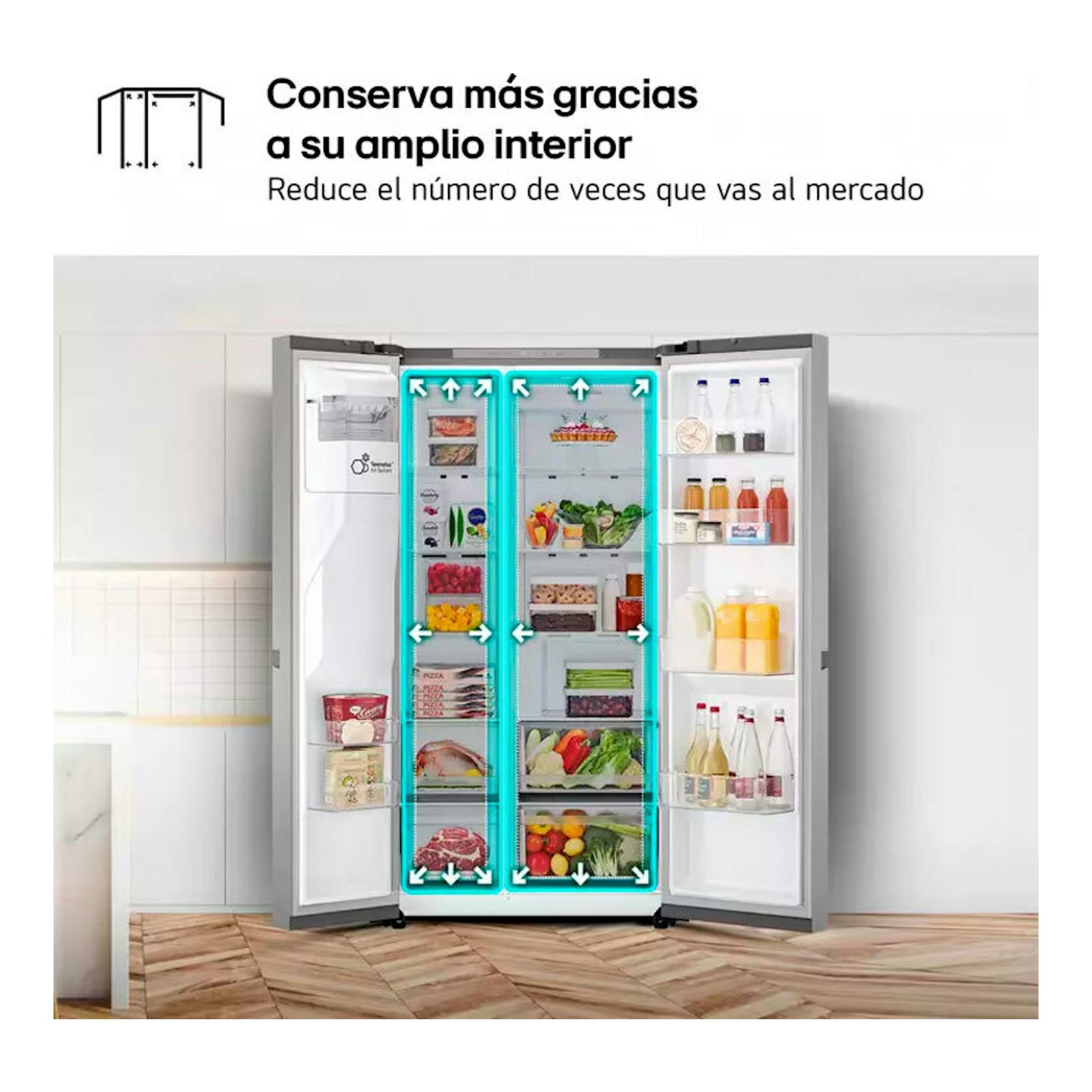 Frigorífico americano LG GSLC40PYPE inox, puertas abiertas, vista frontal del interior con alimentos.