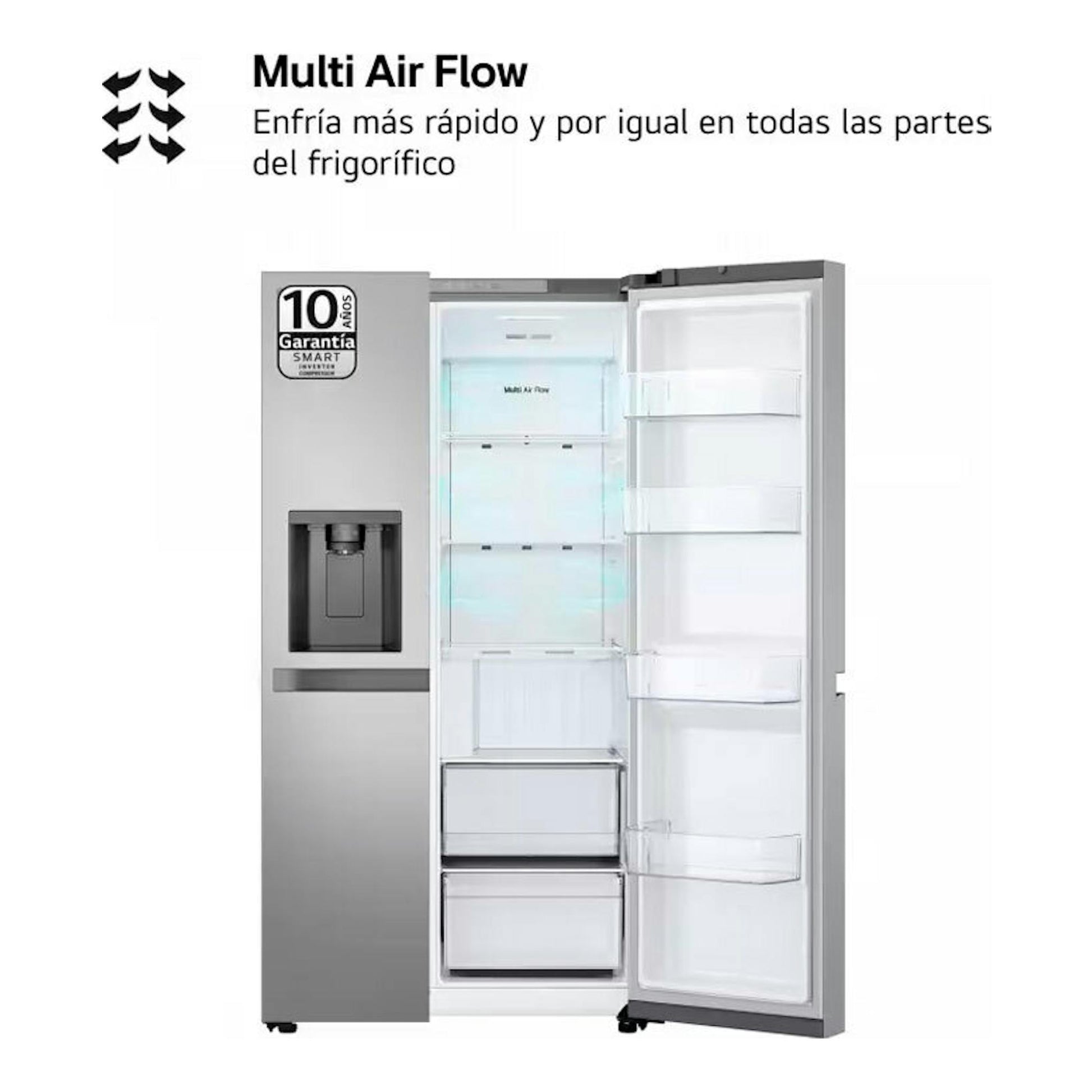 Frigorífico americano LG GSLC40PYPE inox, puerta abierta, interior blanco y dispensador de agua frontal.