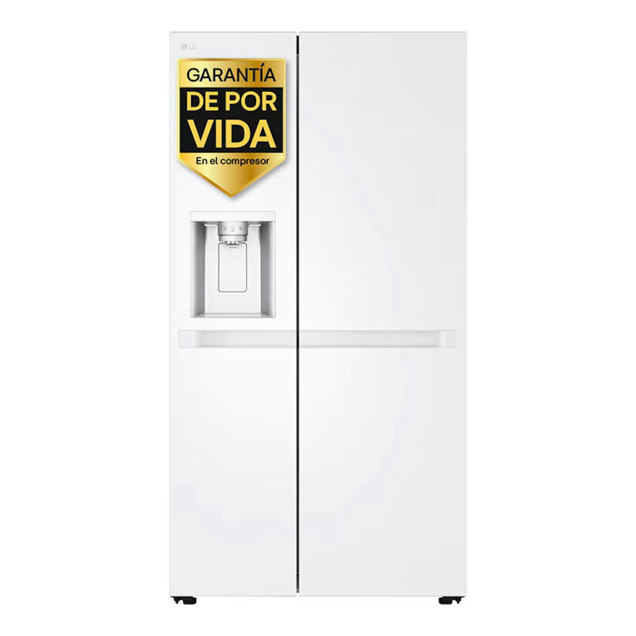 Frigorífico americano LG blanco, vista frontal, con dos puertas y dispensador de agua en la puerta izquierda.