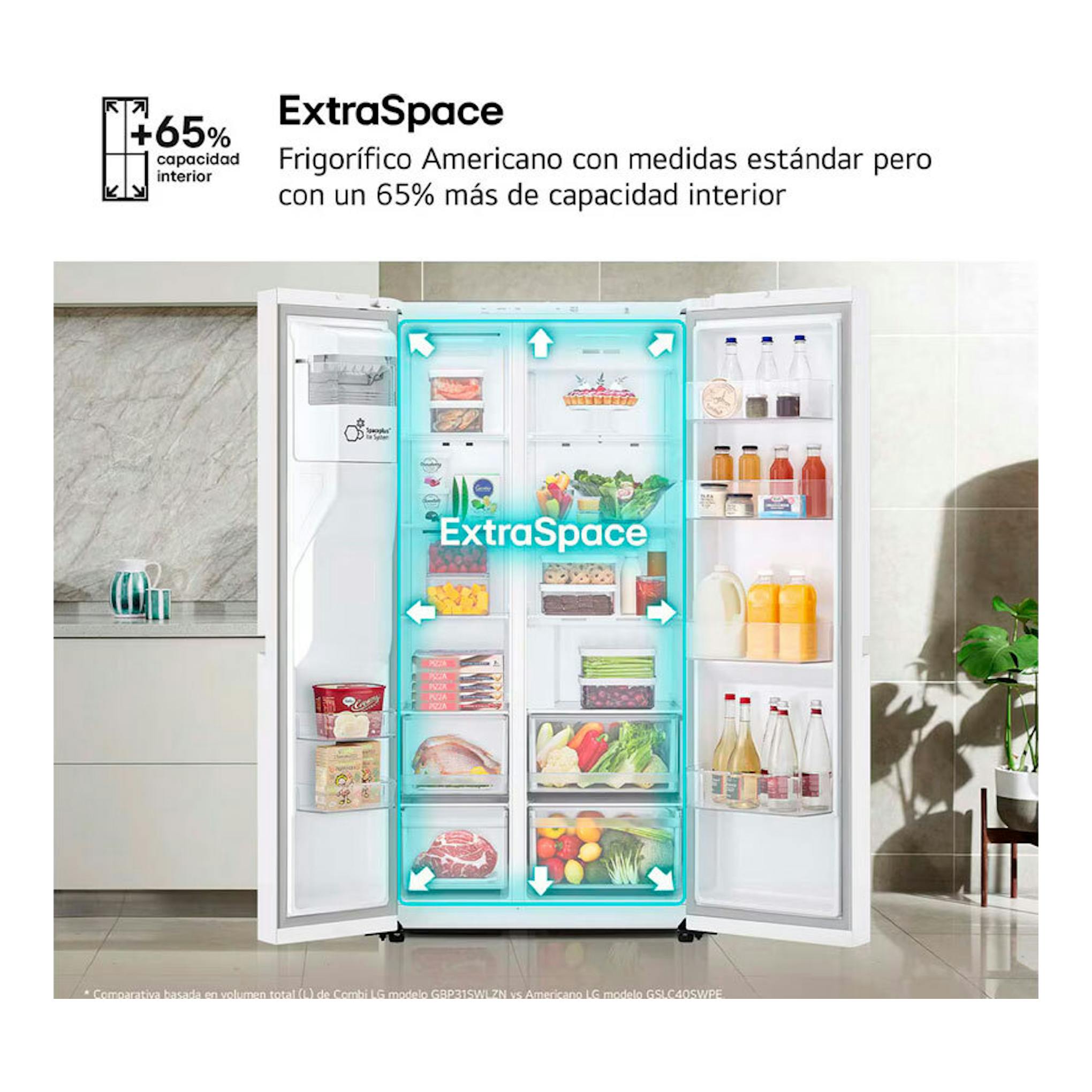 Frigorífico americano LG GSLC40SWPE blanco, vista frontal con puertas abiertas y compartimentos interiores.