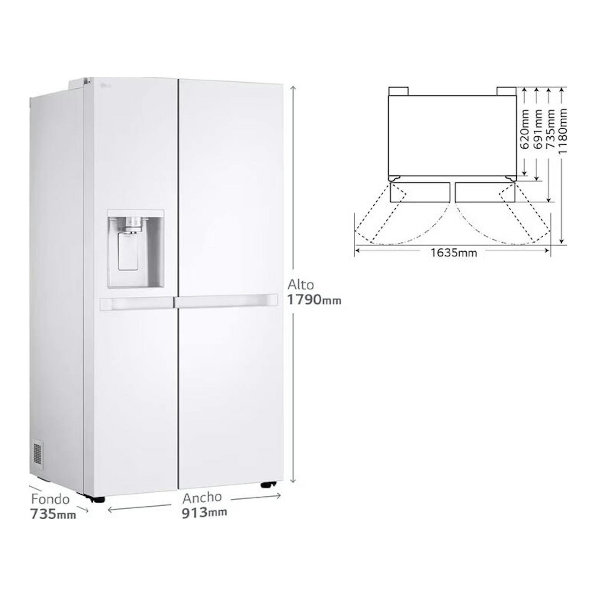 Frigorífico americano LG GSLC40SWPE blanco, vista frontal en 3/4, con dispensador y esquema de medidas.
