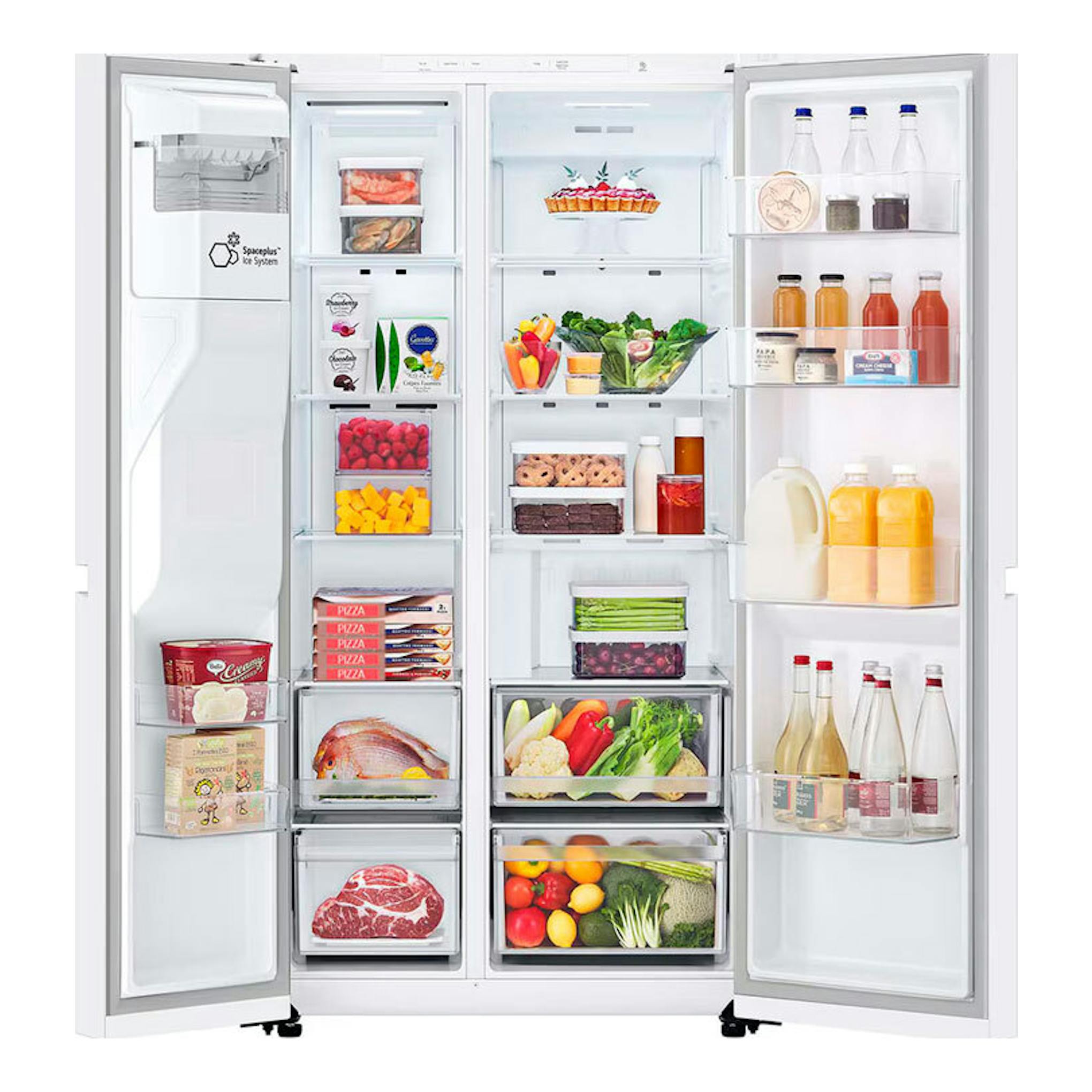 Frigorífico americano LG GSLC40SWPE blanco, vista frontal abierta con puertas y cajones llenos.